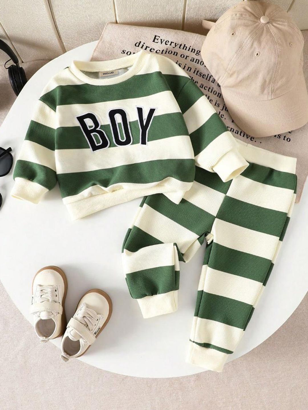

INCLUD Boys Striped Trousers, Green