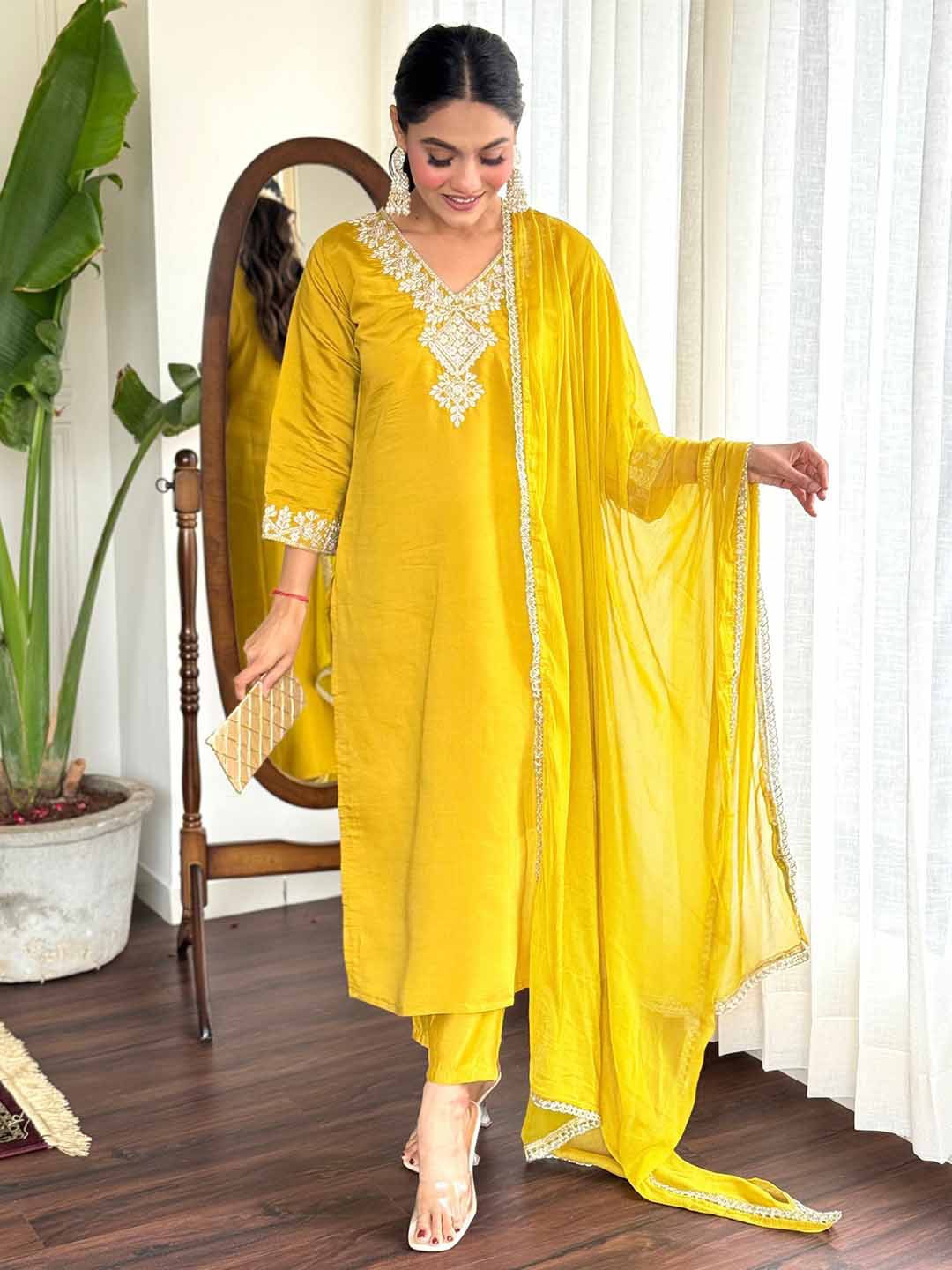 

NIZA FASHION Women Embroidered Thread Work Kurta With Trousers & Dupatta, Mustard