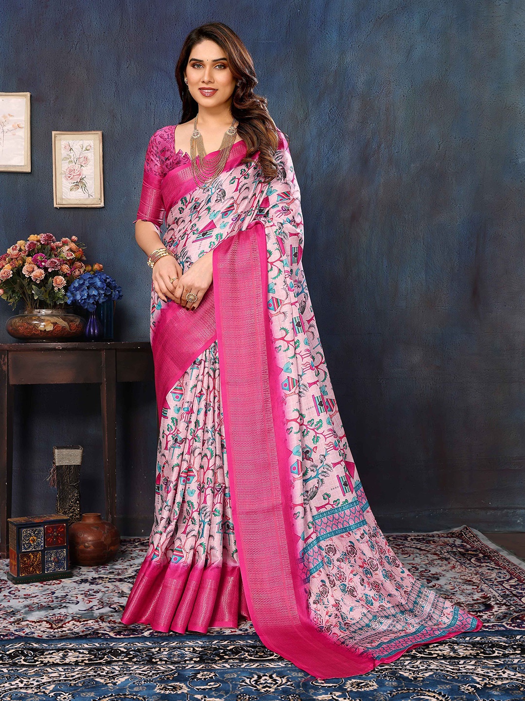 

Shee Star Women Pink Banarasi Saree With Blouse
