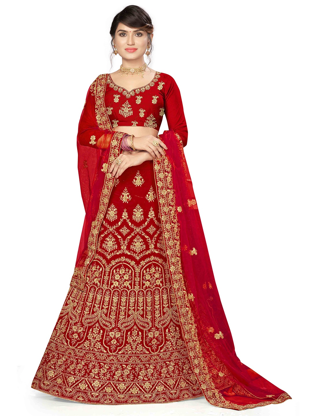 

Maroosh Embroidered Thread Work Unstitched Lehenga & Blouse With Dupatta, Red