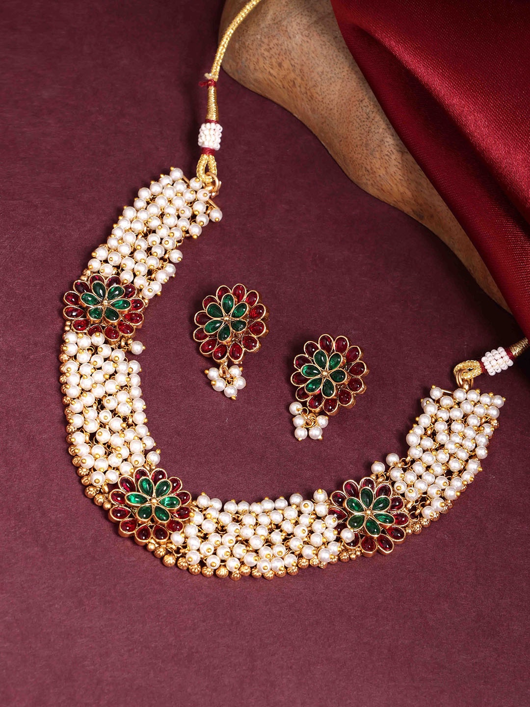 

PANASH Gold-Plated Stones Studded & Beaded Necklace & Earrings