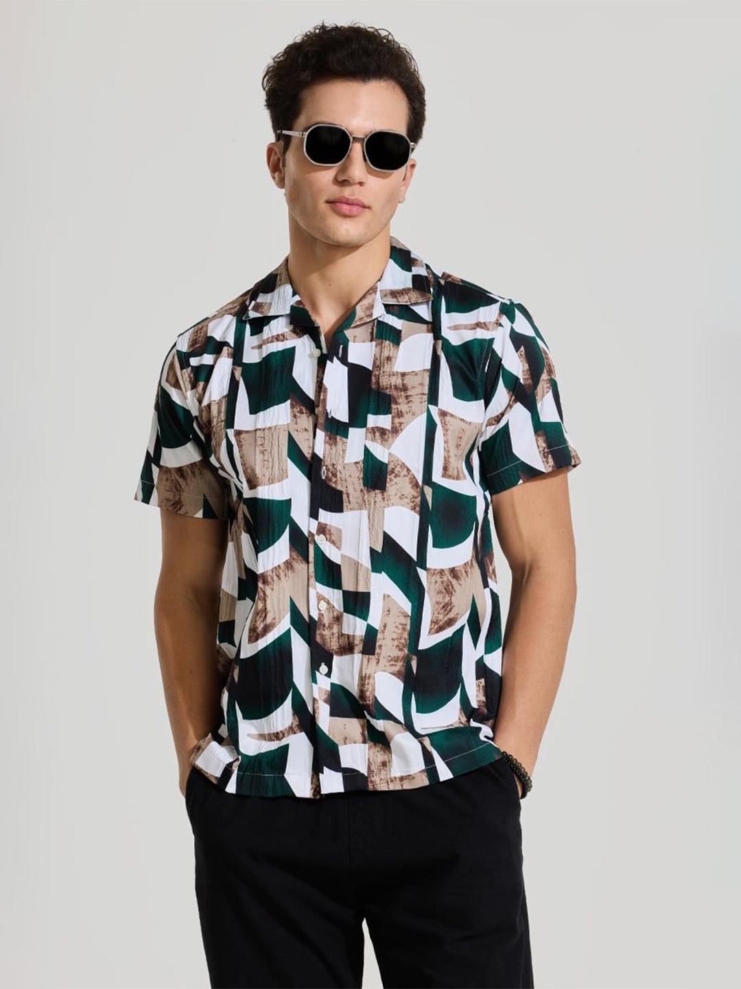 

Snitch Men Smart Cuban Collar Abstract Printed Casual Shirt, Green
