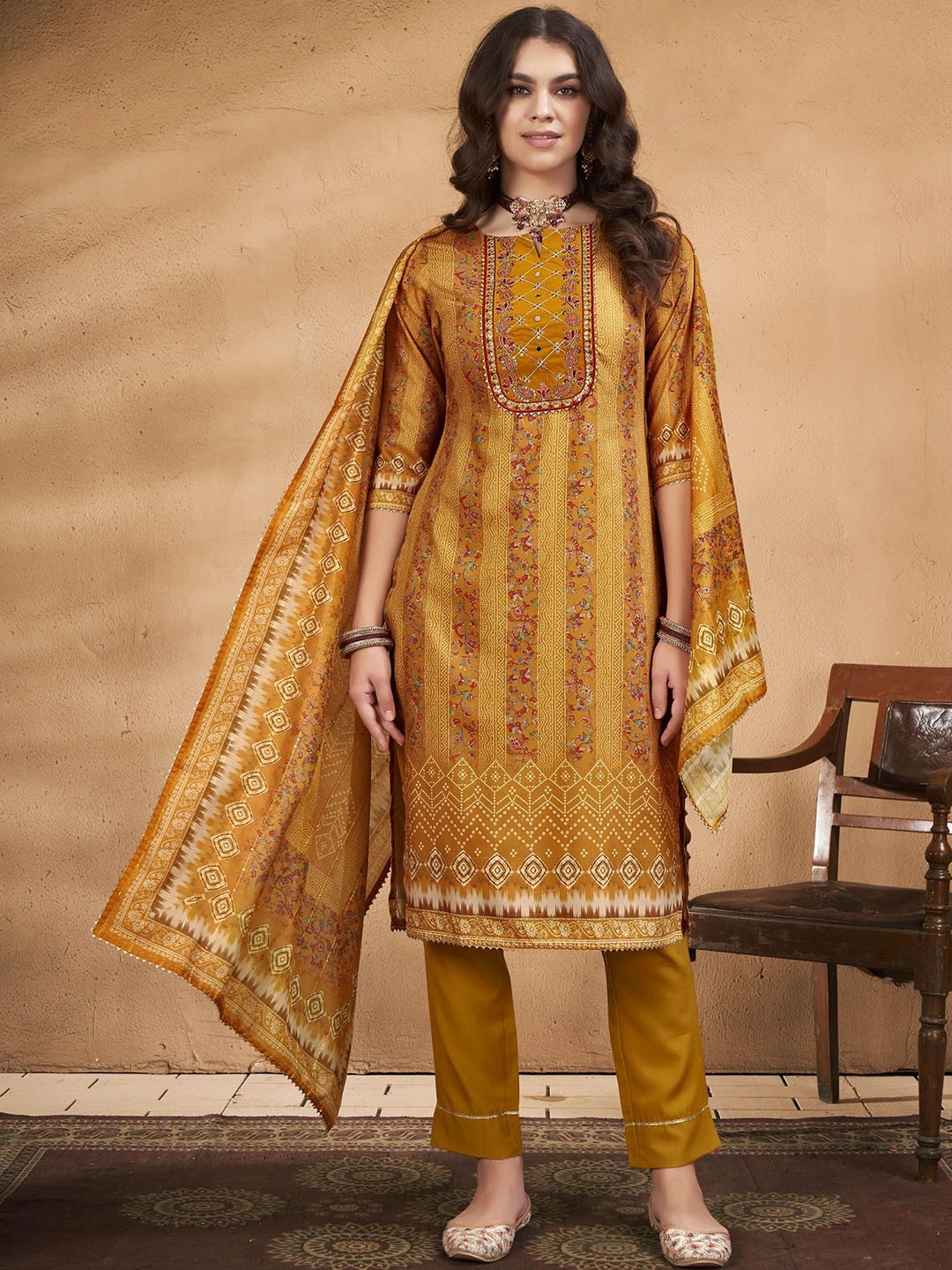 

Anouk Women Floral Printed Regular Thread Work Kurta with Trousers Dupatta, Mustard