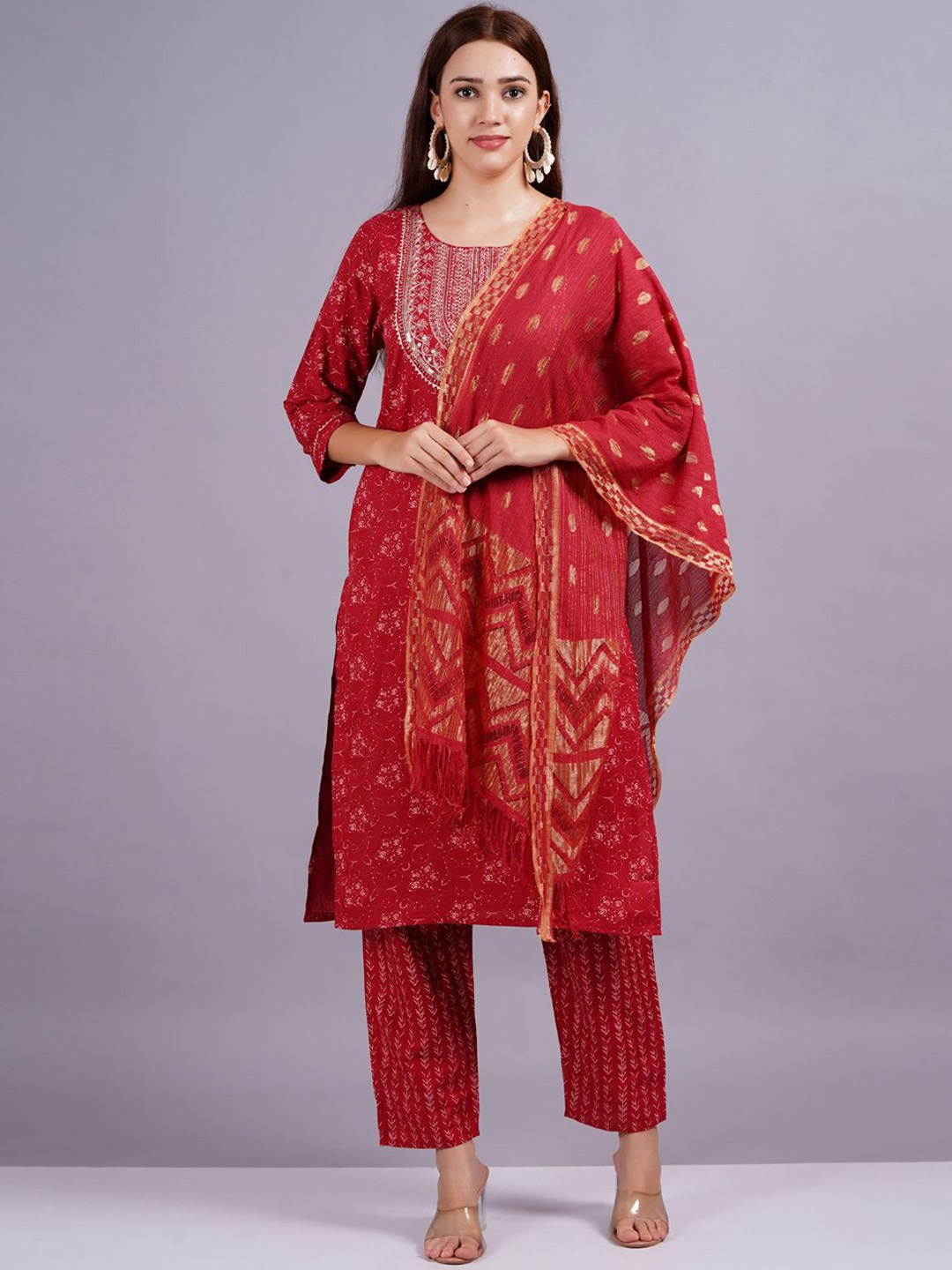 

JC4U Floral Printed Sequinned Round Neck Straight Kurta with Trouser & Dupatta, Red