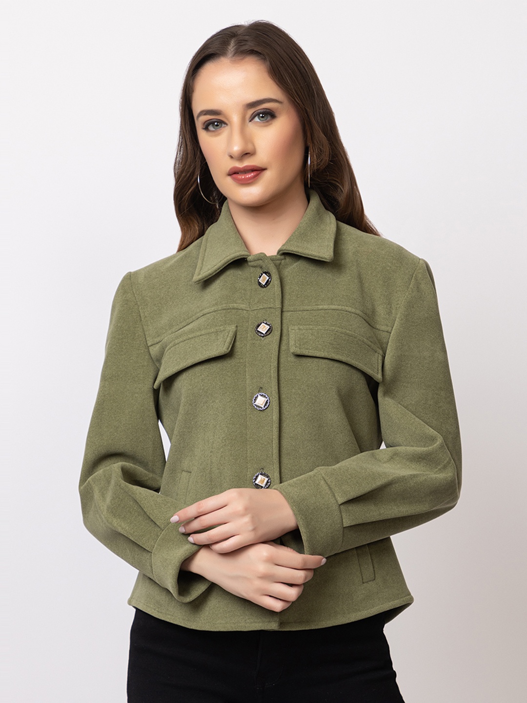 

TWENTY ME Women Woollen Lightweight Crop Outdoor Jacket, Olive