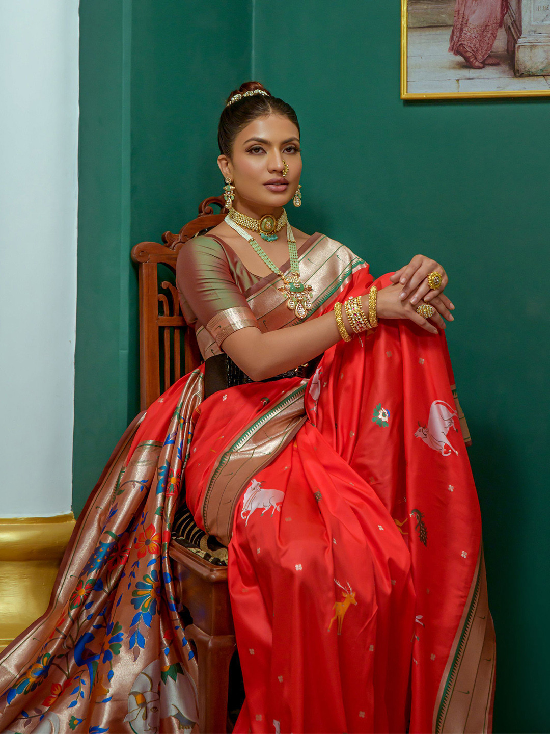 

Kandora Woven Design Zari Pure Silk Paithani Saree, Red