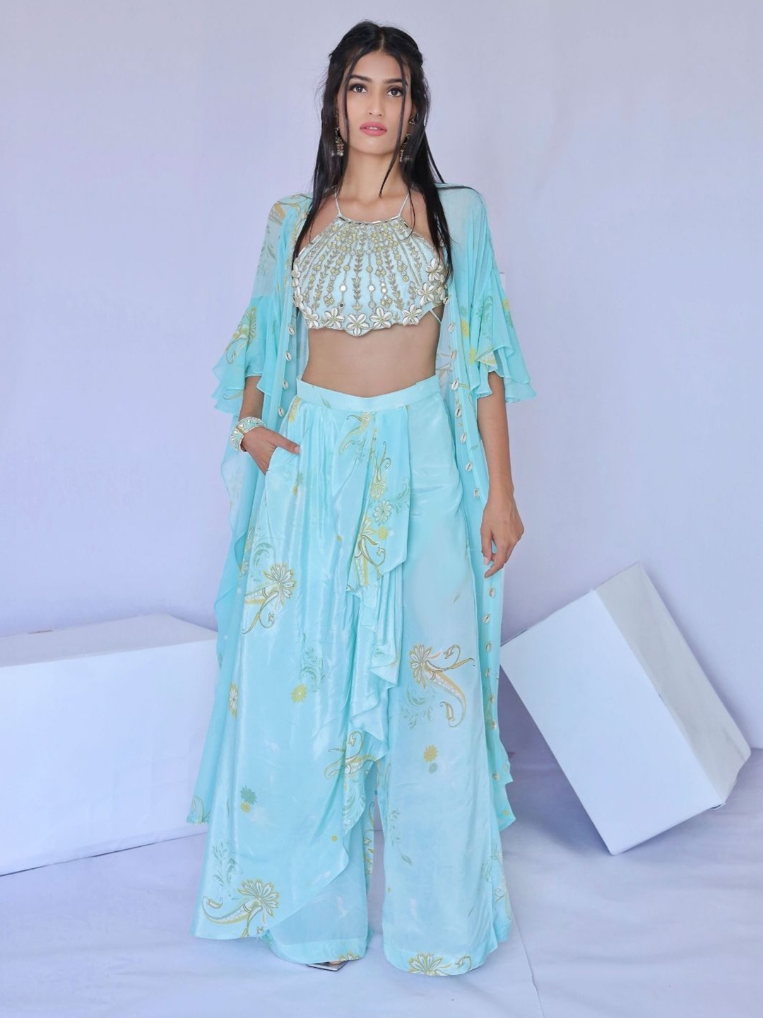 

Foram patel Blue Printed Dhoti Pant with Cape Set