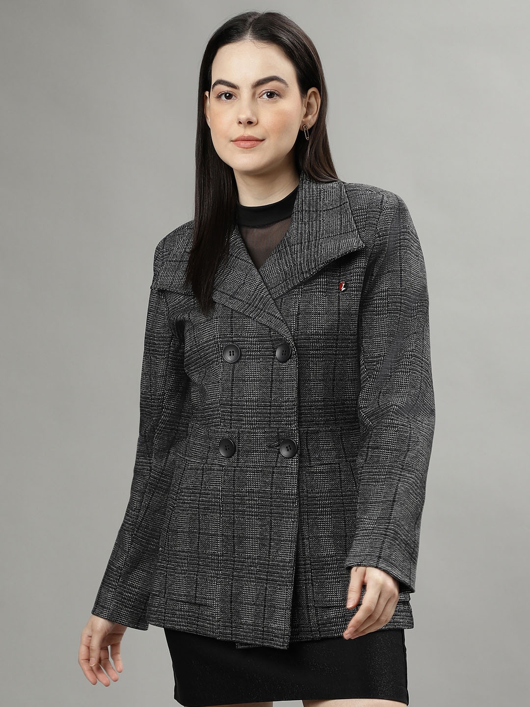 

Iconic Women Checked Spread Collar Longline Over Coat, Black