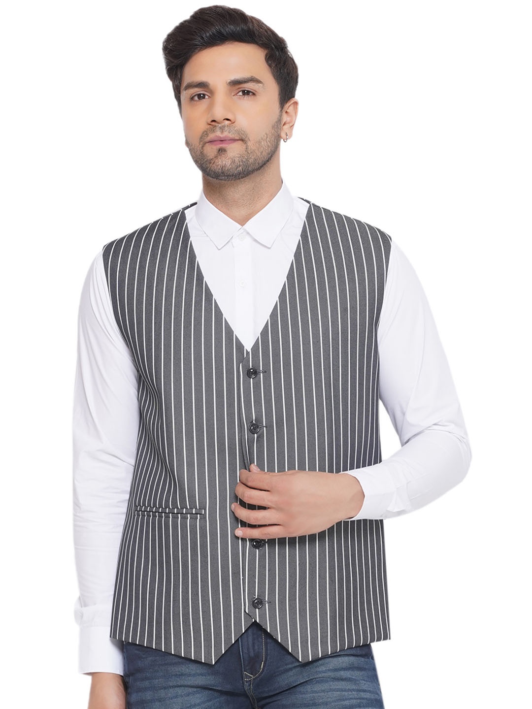 

VEERA PARIDHAAN Striped Woven Waistcoat, Grey