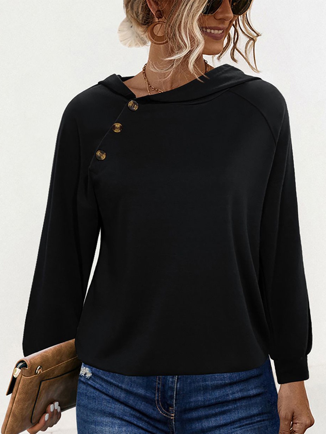 

StyleCast x Revolte Women Solid Hood Pullover Sweatshirt, Black