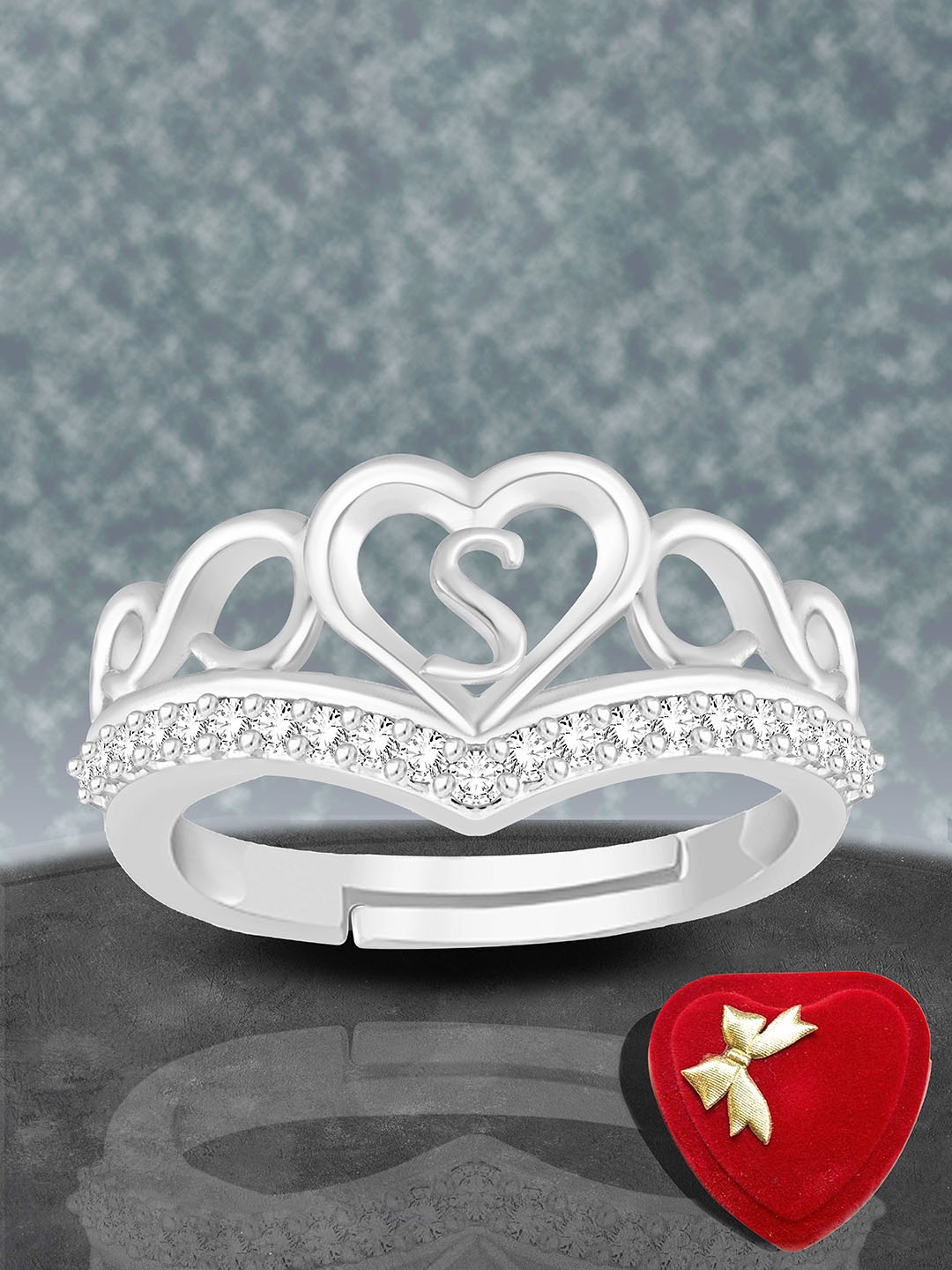 

Lila Silver-Plated American Diamond Studded With Alphabet S Heart Shaped Finger Ring