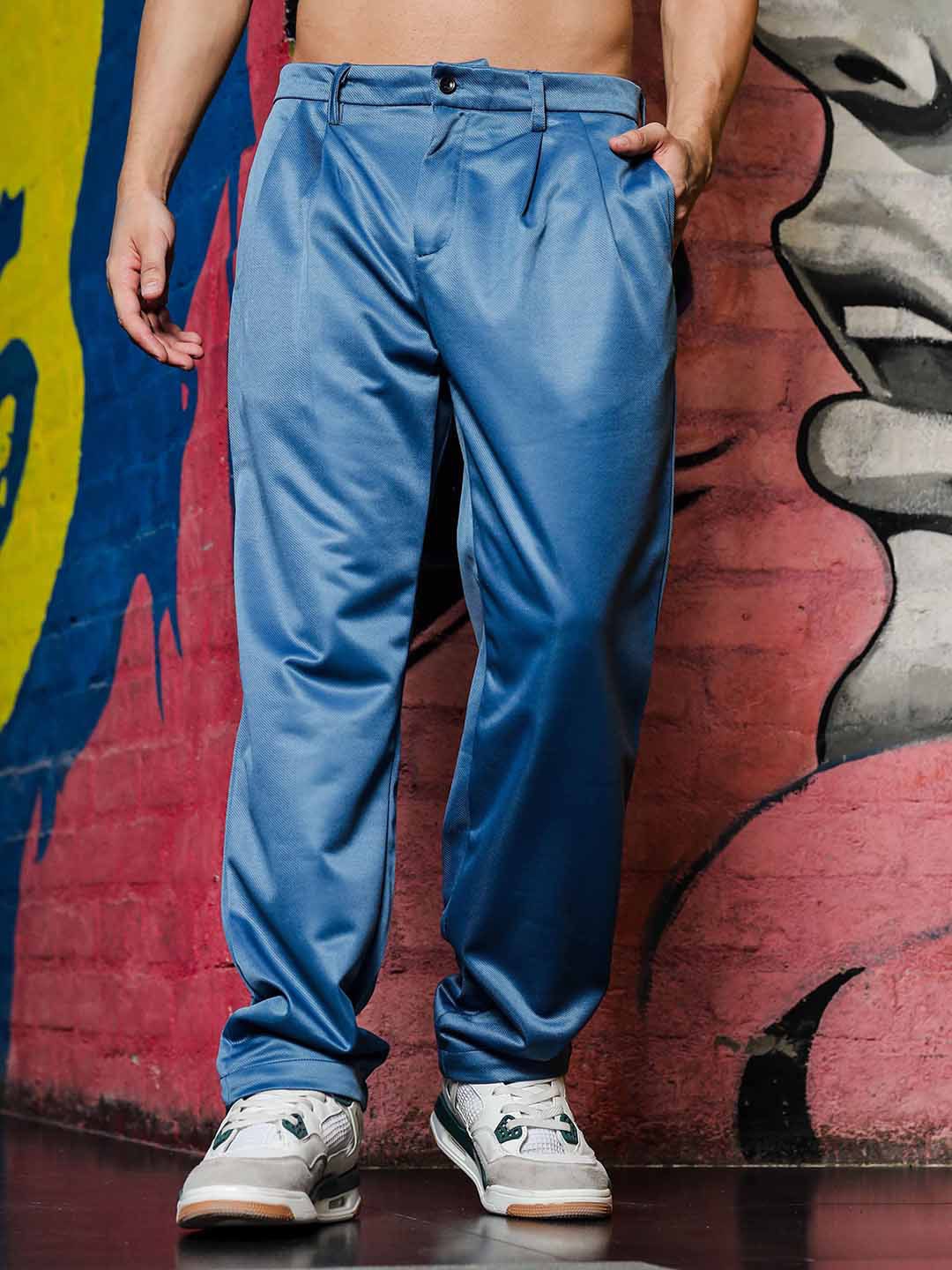 

House of Koala Unisex Smart Loose Fit Mid-Rise Easy Wash Pleated Korean Pants, Blue