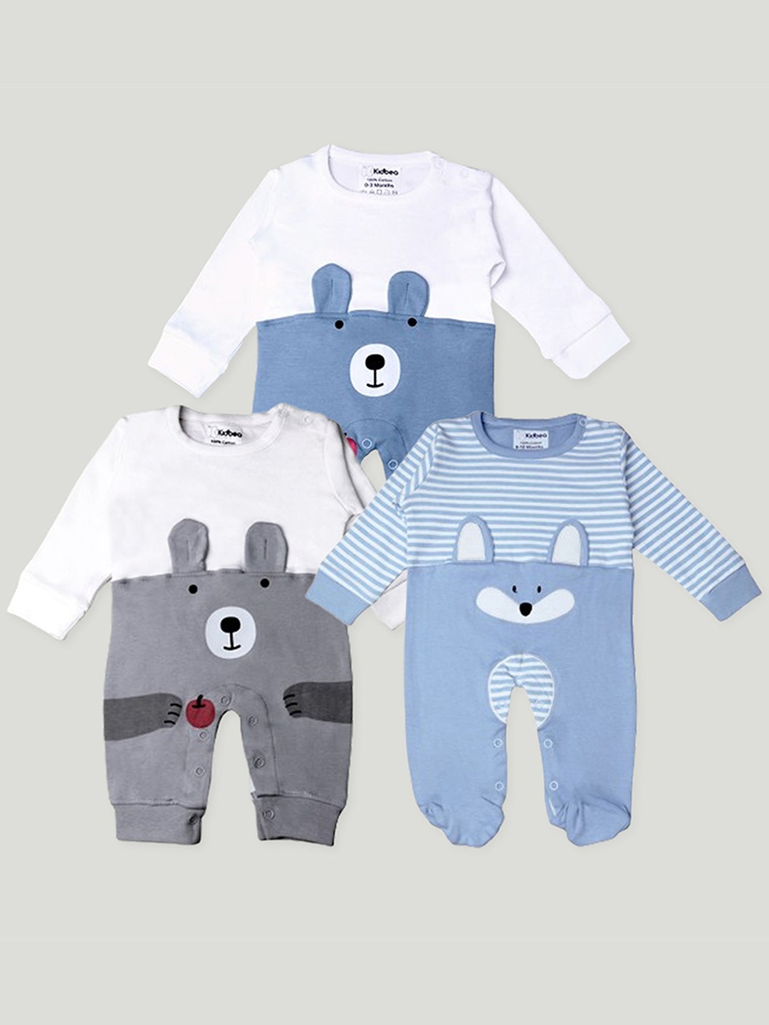 

Kidbea Infants Pack Of 3 Printed Pure Cotton Rompers, Grey