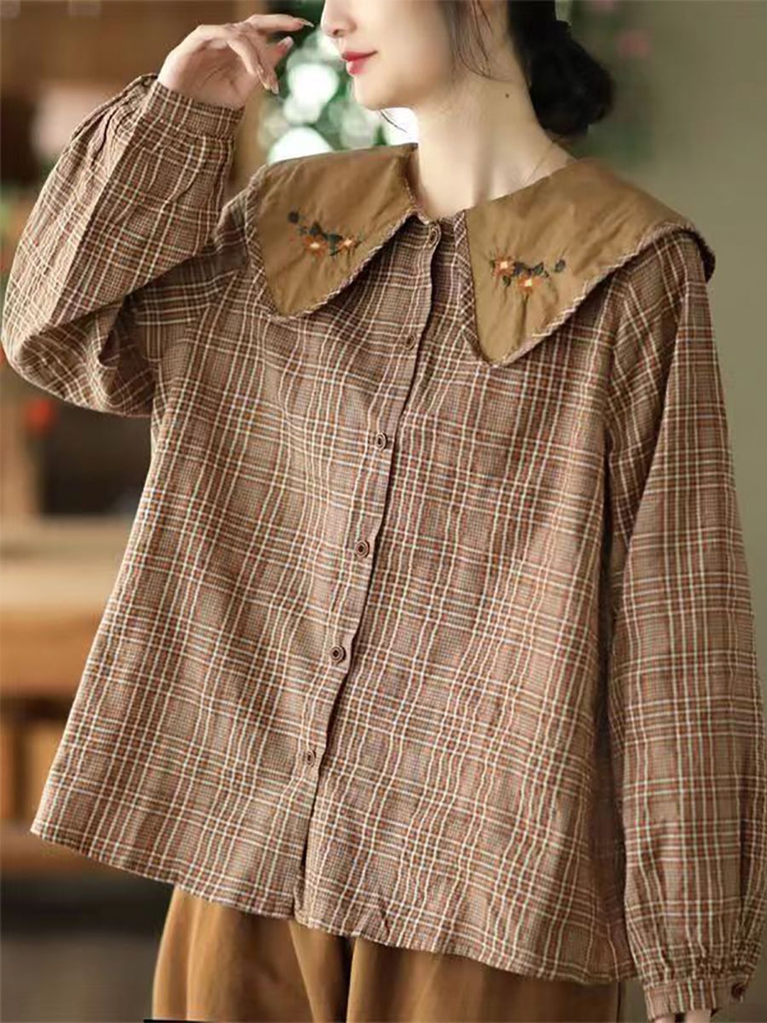 

StyleCast x Revolte Women Checked Peter Pan Collar Linen Top, Brown
