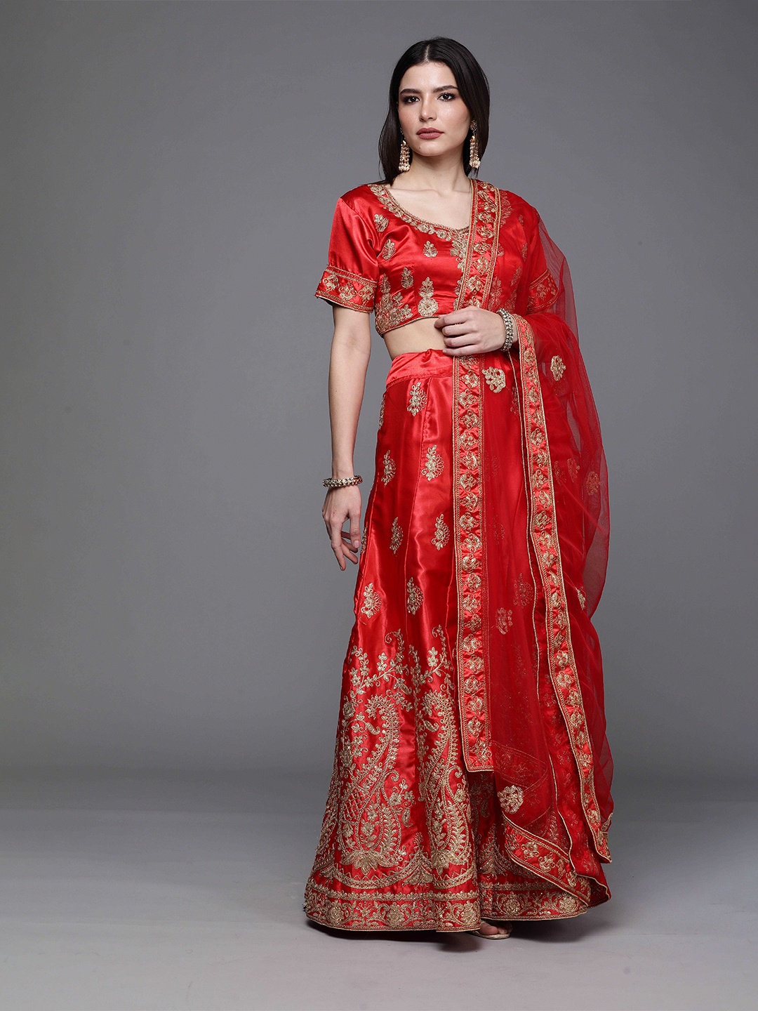 

Maroosh Embroidered Thread Work Unstitched Lehenga & Blouse With Dupatta, Red