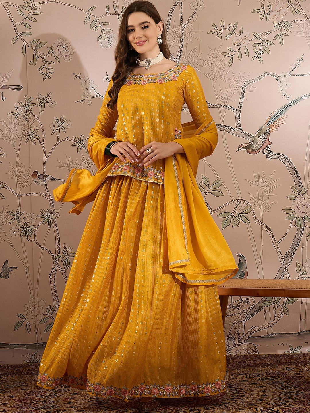 

Miss Ethnik Embroidered Thread Work Ready to Wear Lehenga & Blouse With Dupatta, Yellow