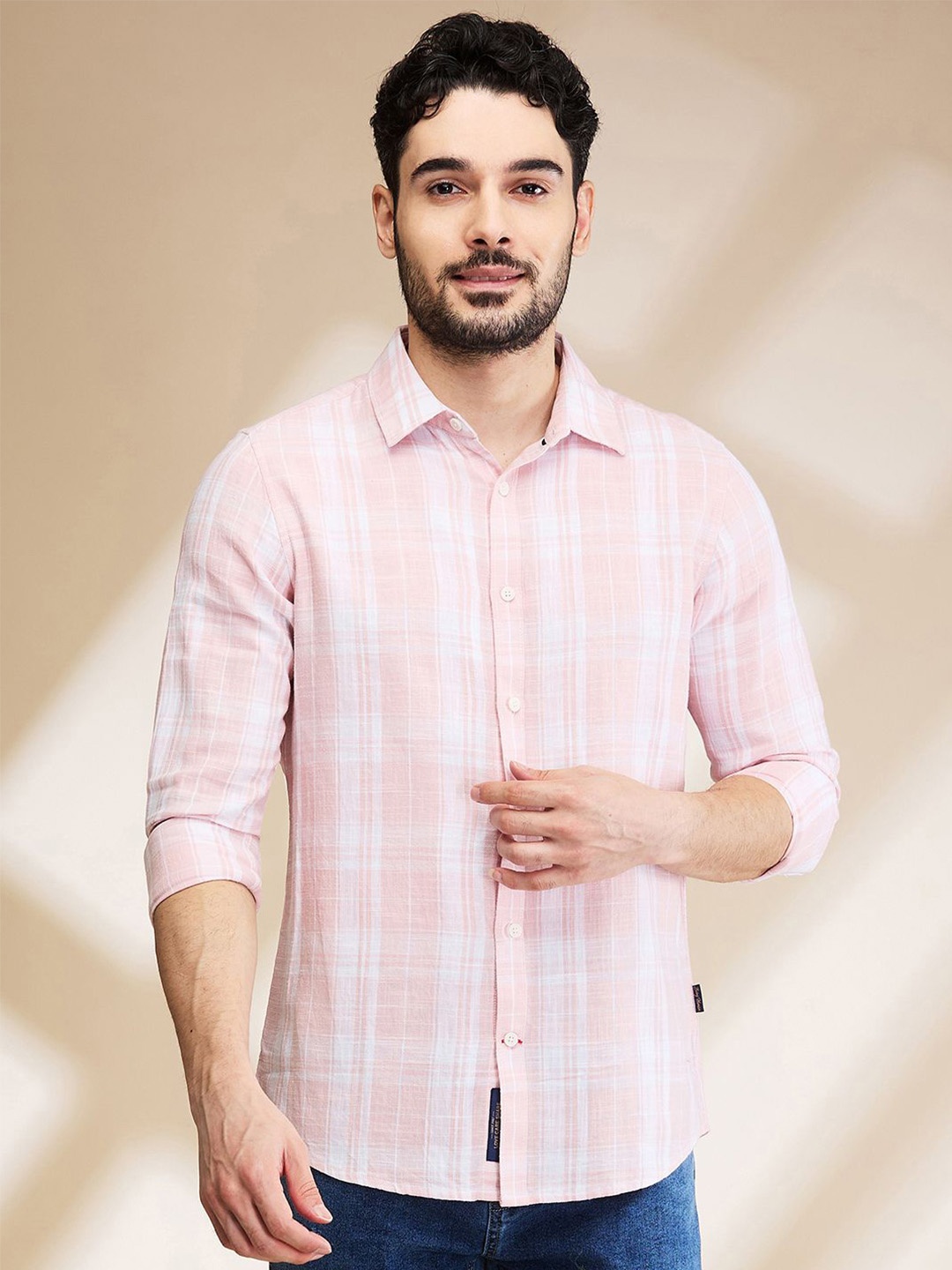 

Being Human Men Spread Collar Tartan Checked Cotton Slim Fit Casual Shirt, Pink
