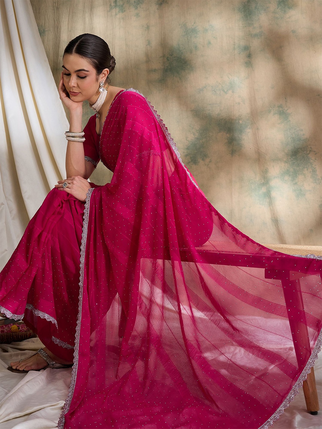 

Sangria Embellished Beads and Stones Saree, Pink