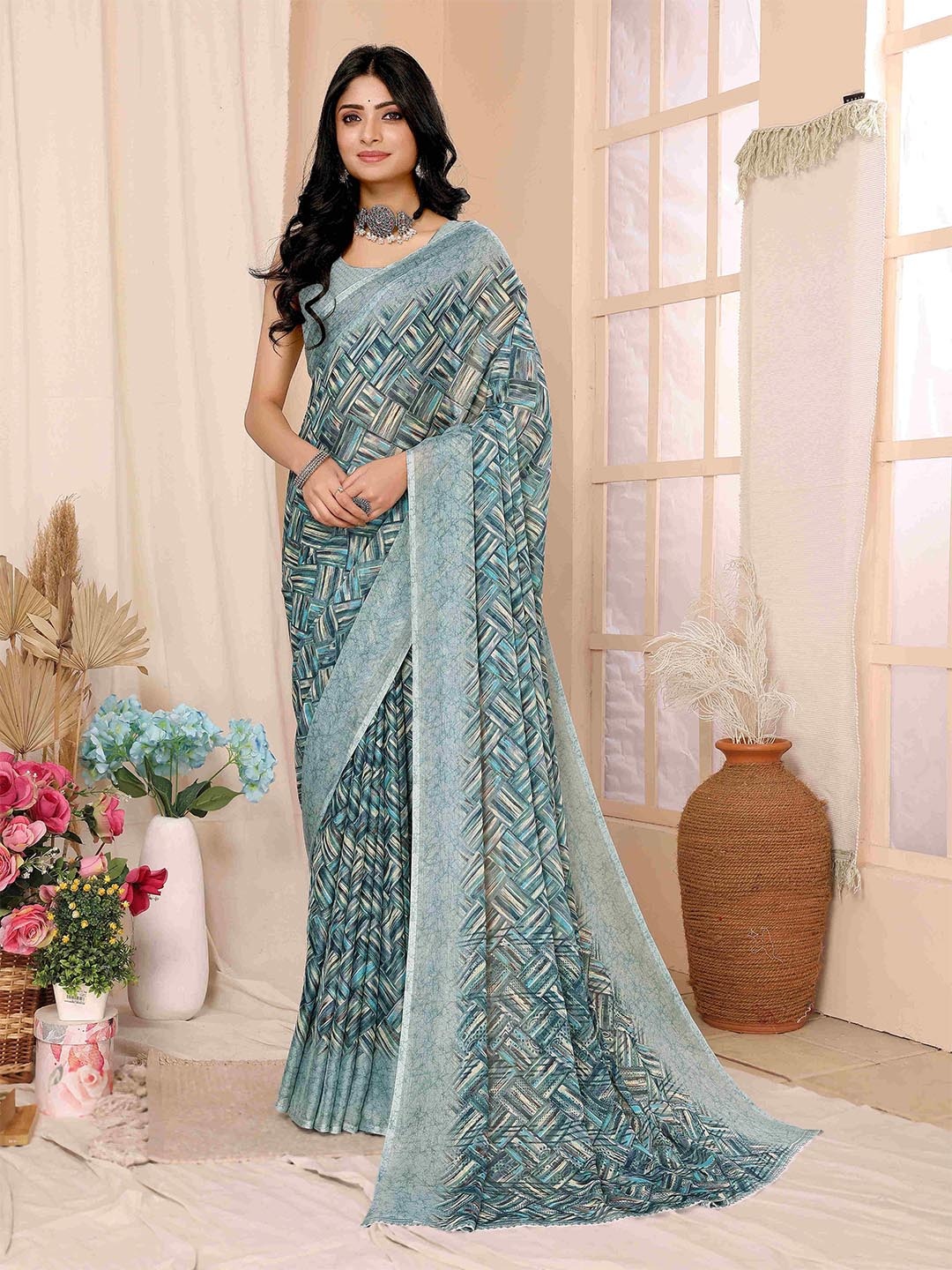 

sareyavella Pure Georgette Maheshwari Saree, Blue