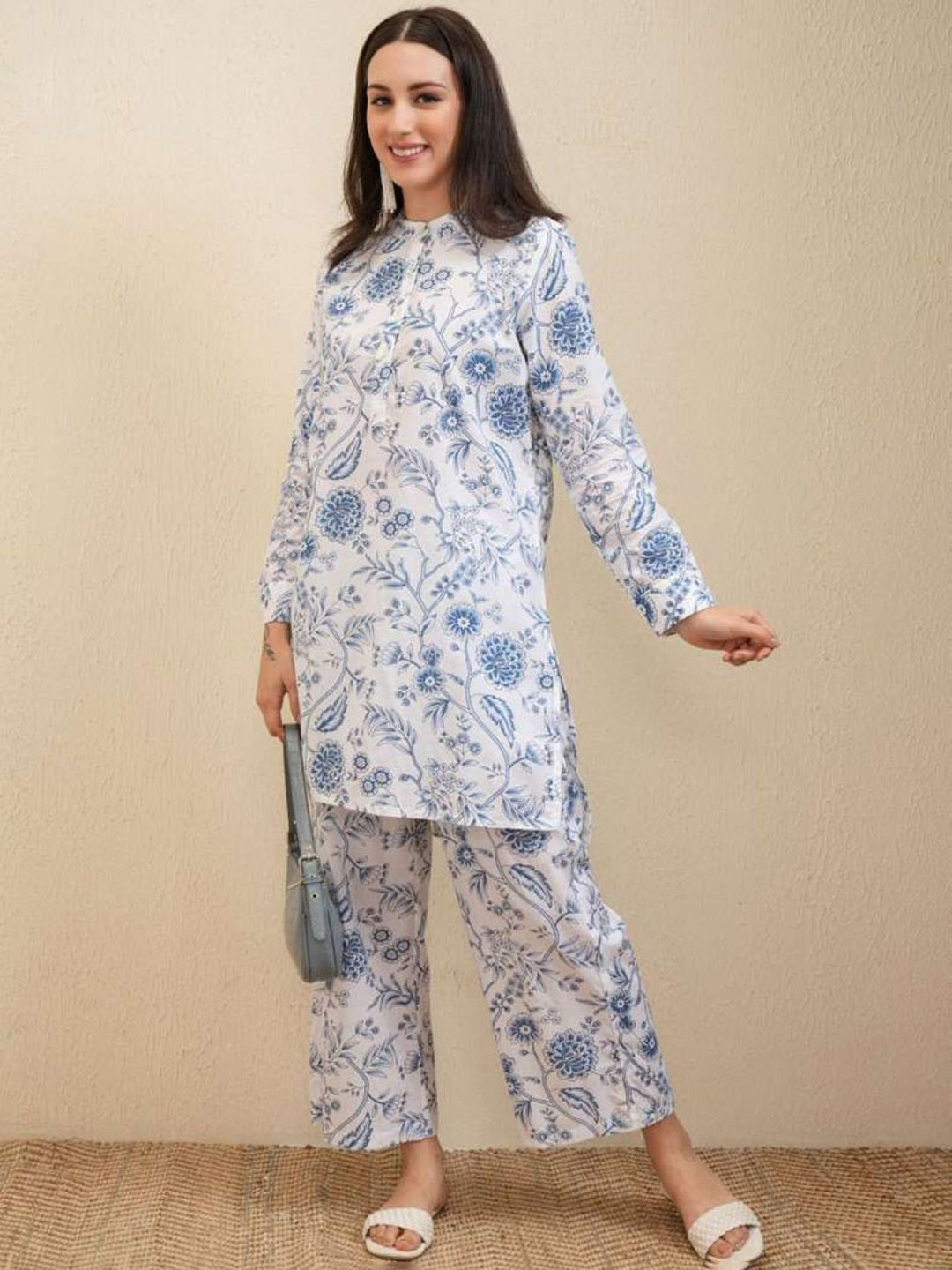 

PARTHVI Floral Printed Pure Cotton Tunic & Trouser Co-Ords, Blue