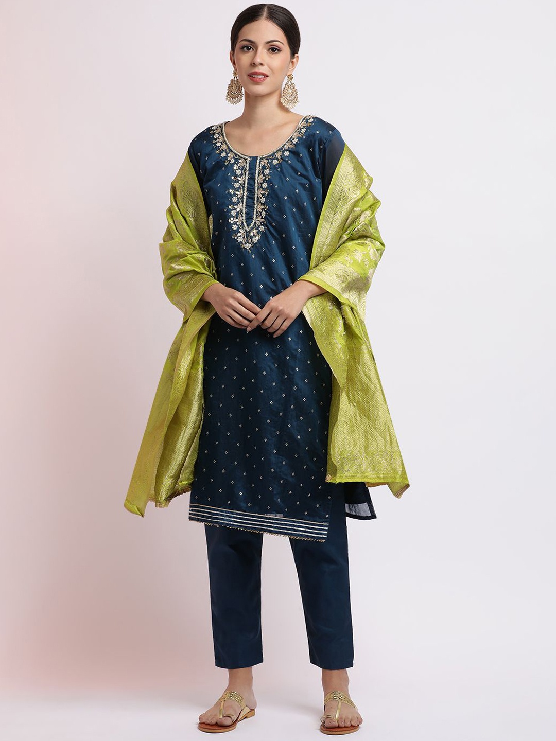 

Jaipur Kurti Embroidered Cotton Blend Kurta Set With Dupatta, Teal