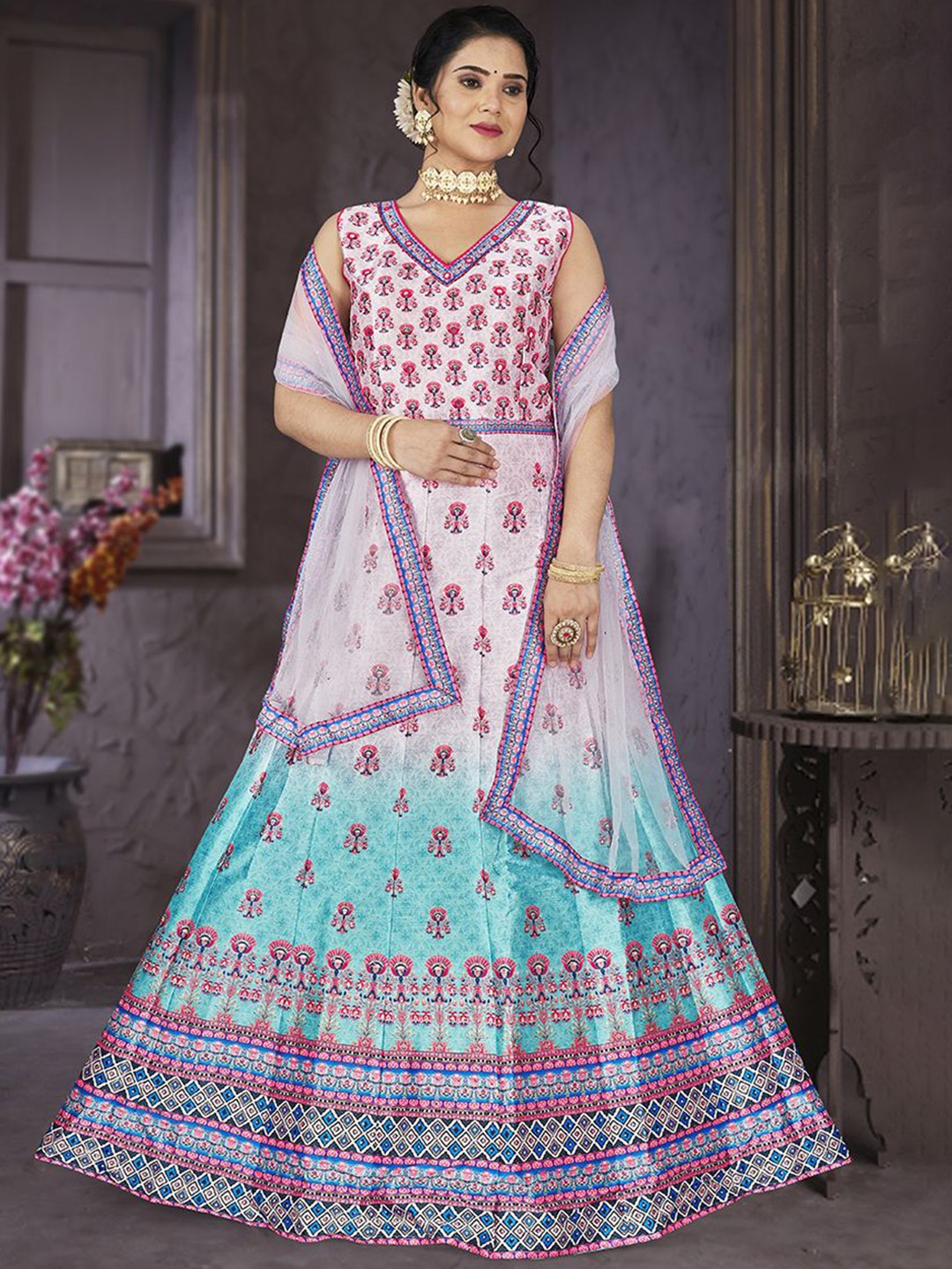 

Krimmple Women V-neck Printed Fit & Flared Maxi Ethnic Dress With Dupatta Set, Pink