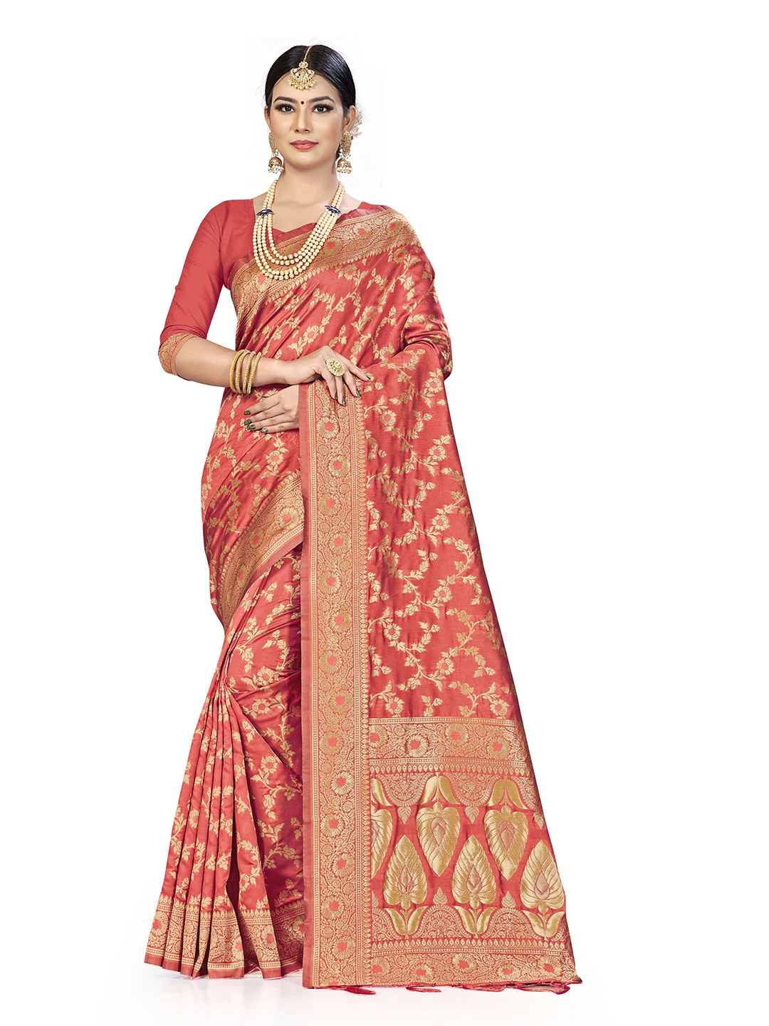 

Maroosh Floral Zari Banarasi Saree, Peach