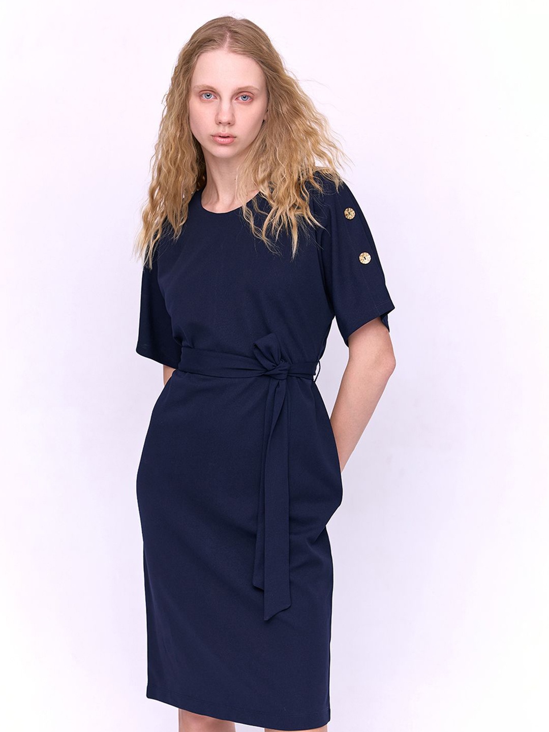 

COVER STORY Women Solid Round Neck Short Sleeves Sheath Dress.Comes with a belt, Navy blue