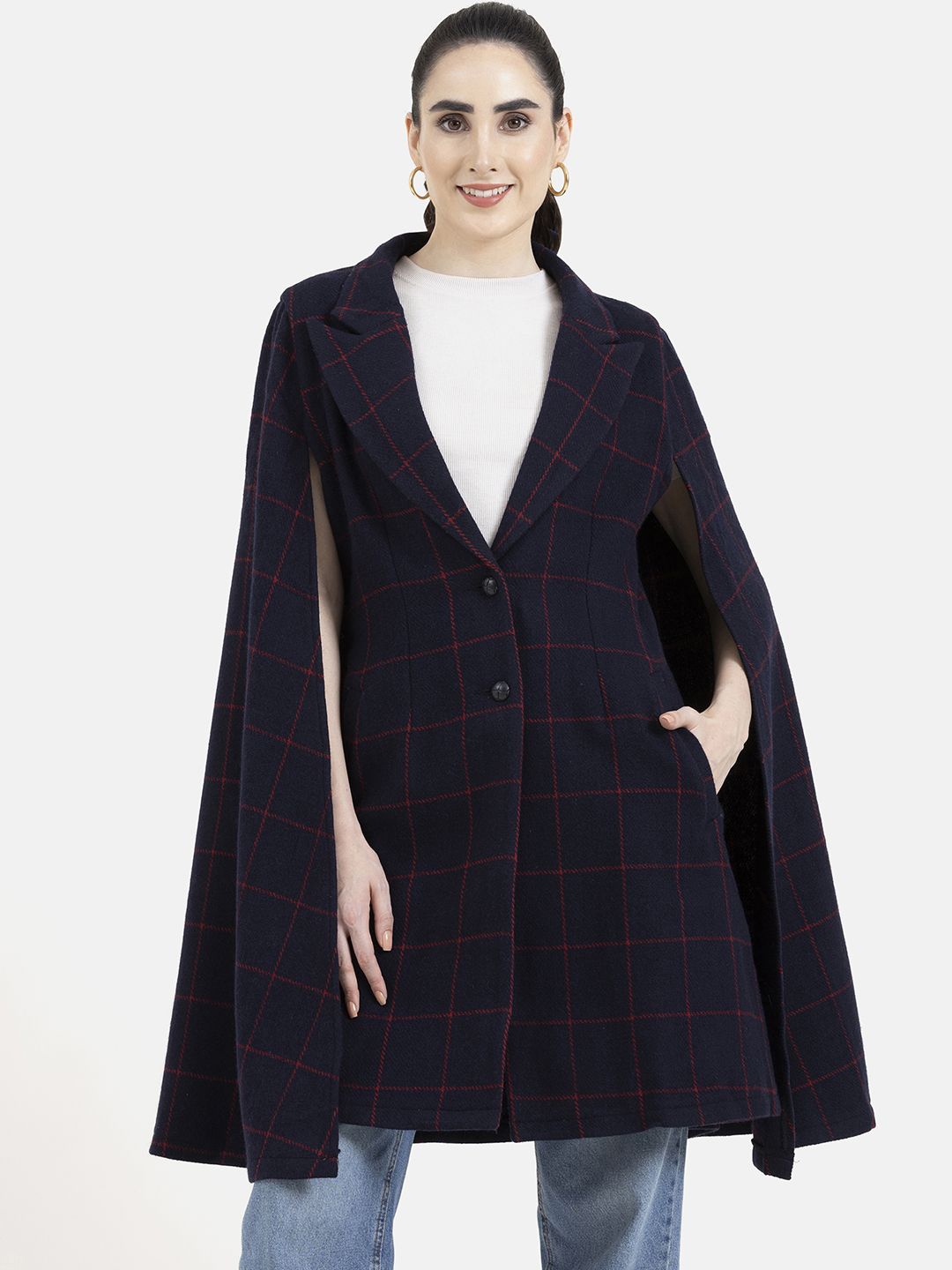 

Owncraft Women Checked Double Breasted Wool Trench Coat, Blue