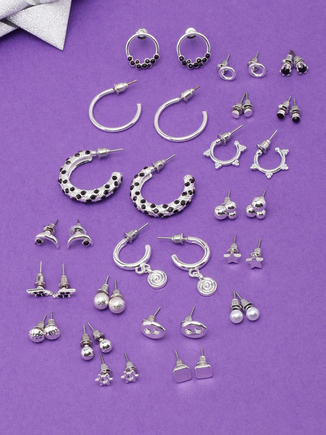 

KPOP Set Of 20 Silver-Plated Rhinestone Studded Contemporary Studs Earrings