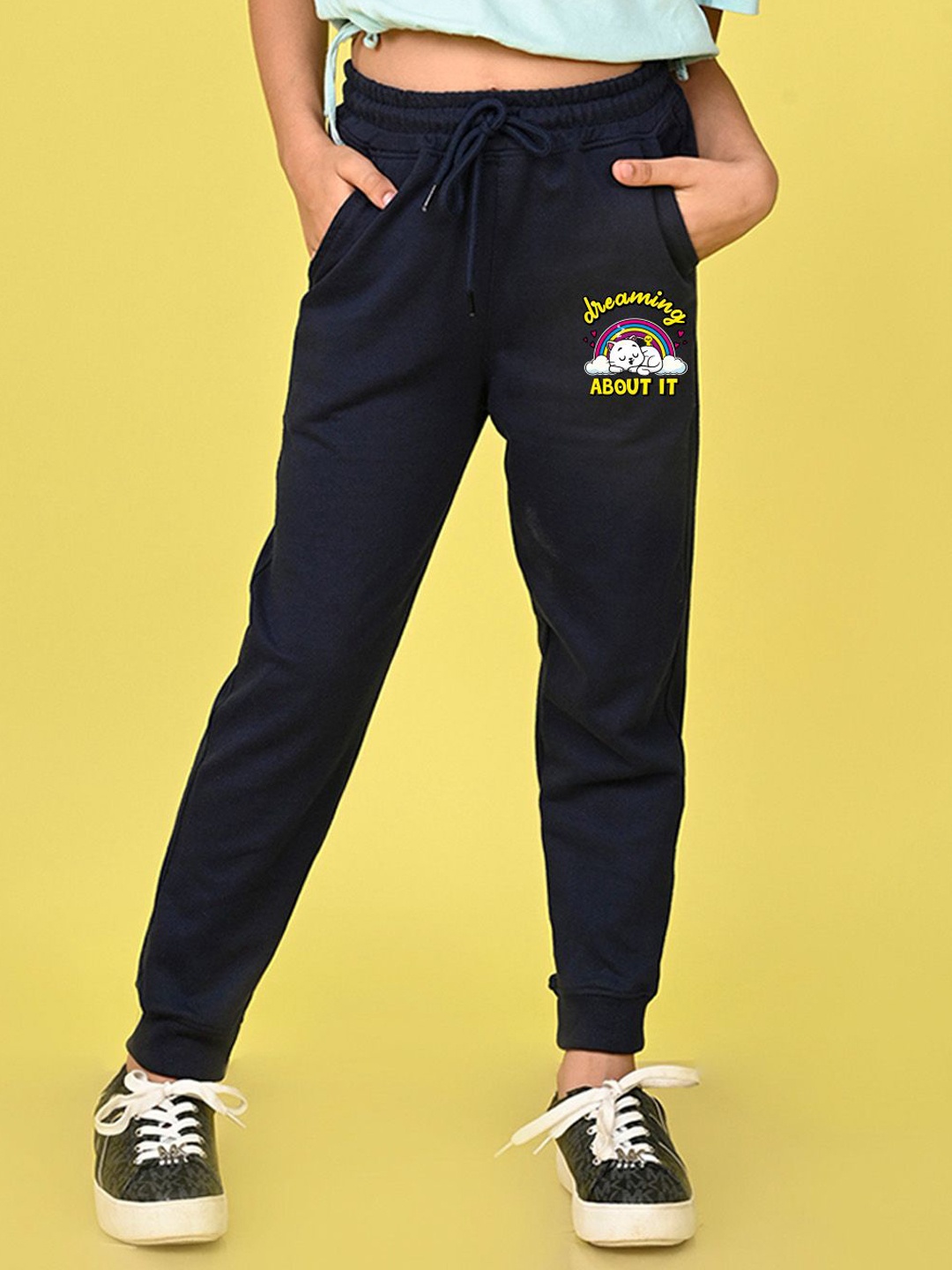 

NUSYL Girls Typography Mid Rise Joggers, Navy blue