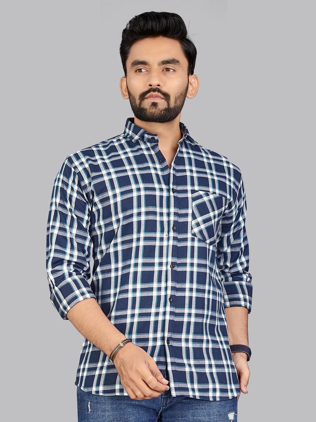 

ADWYN PETER Men Classic Spread Collar Tartan Checked Cotton Casual Shirt, Teal