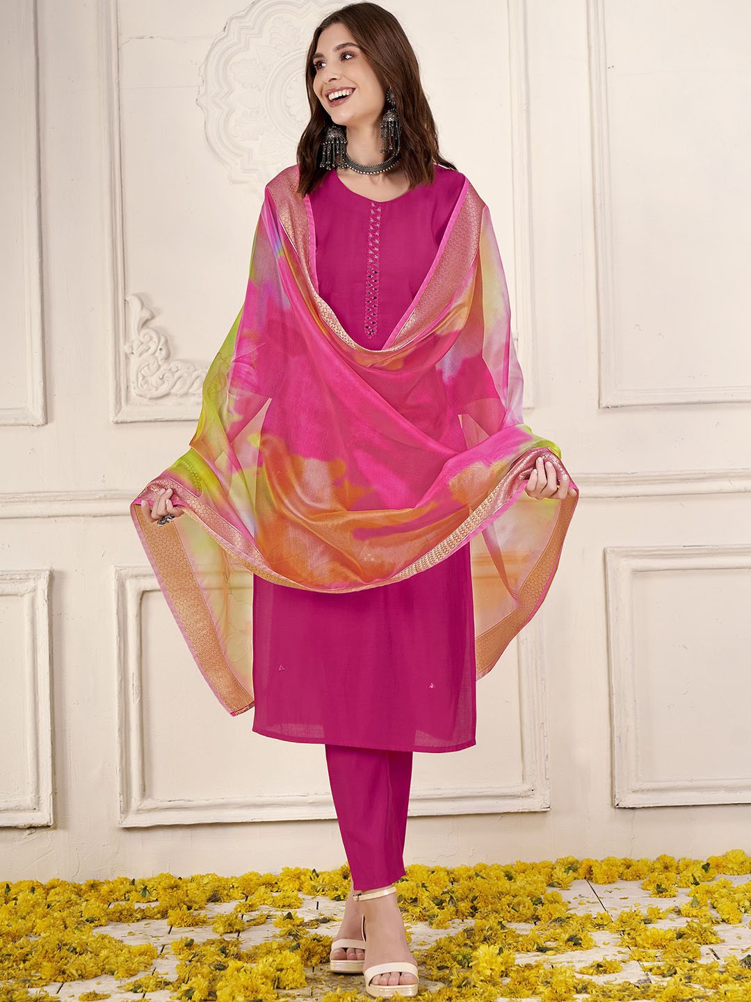 

Anouk Pink Embroidered Mirror Work Round Neck Kurta with Trousers & With Dupatta