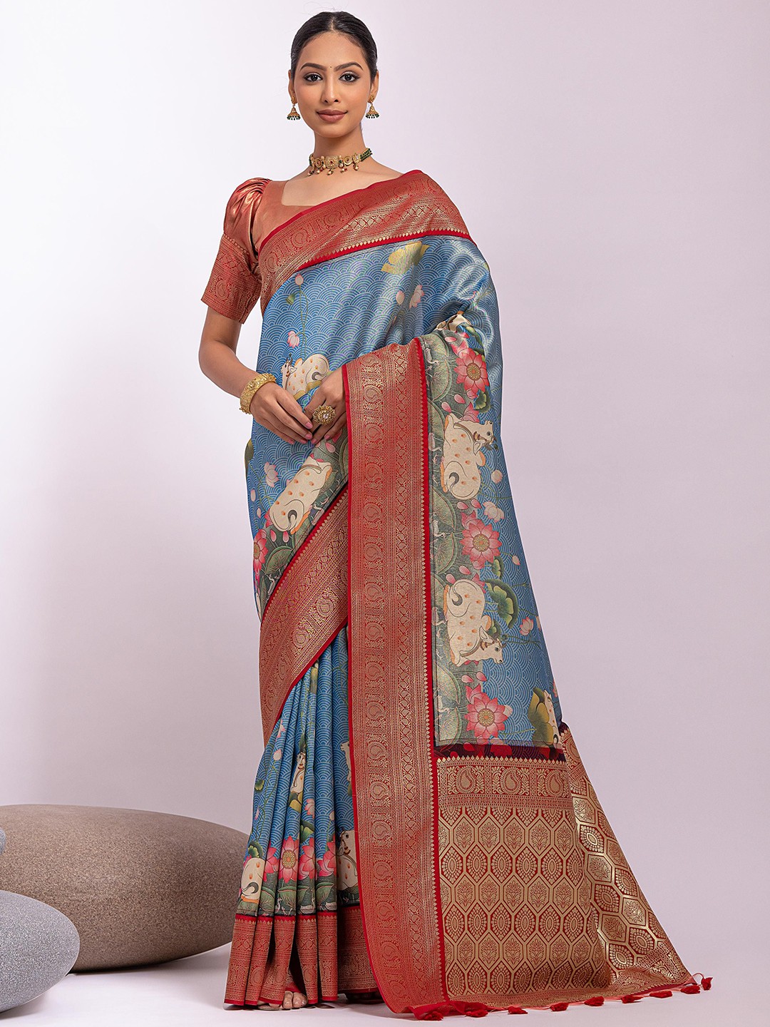 

Kandora Woven Design Zari Pure Silk Kanjeevaram Saree, Blue