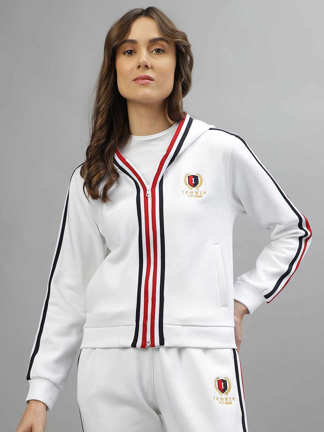 

Iconic Women Floral Longline Sporty Jacket with Embroidered, White
