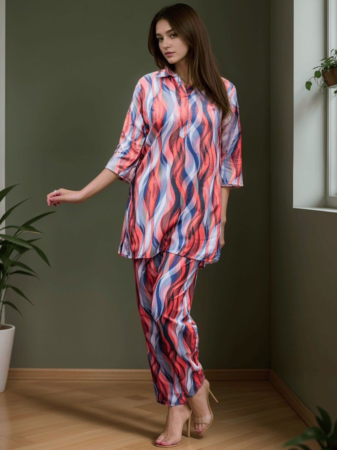 

P3D CREATION Abstract Printed Pure Cotton Tunic & Trousers, Red