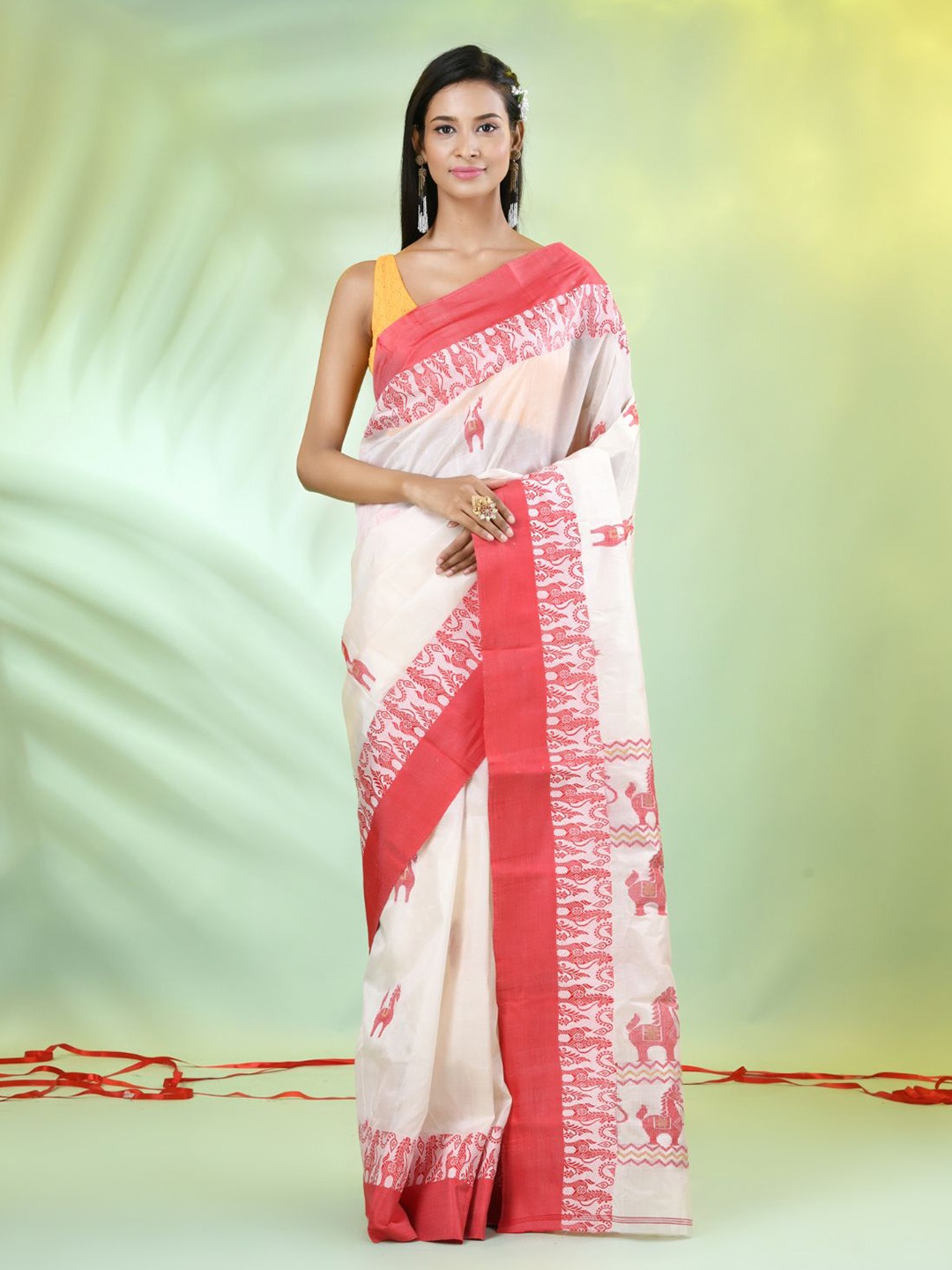 

Charukriti Ethnic Motifs Pure Silk Tussar Saree, Off white