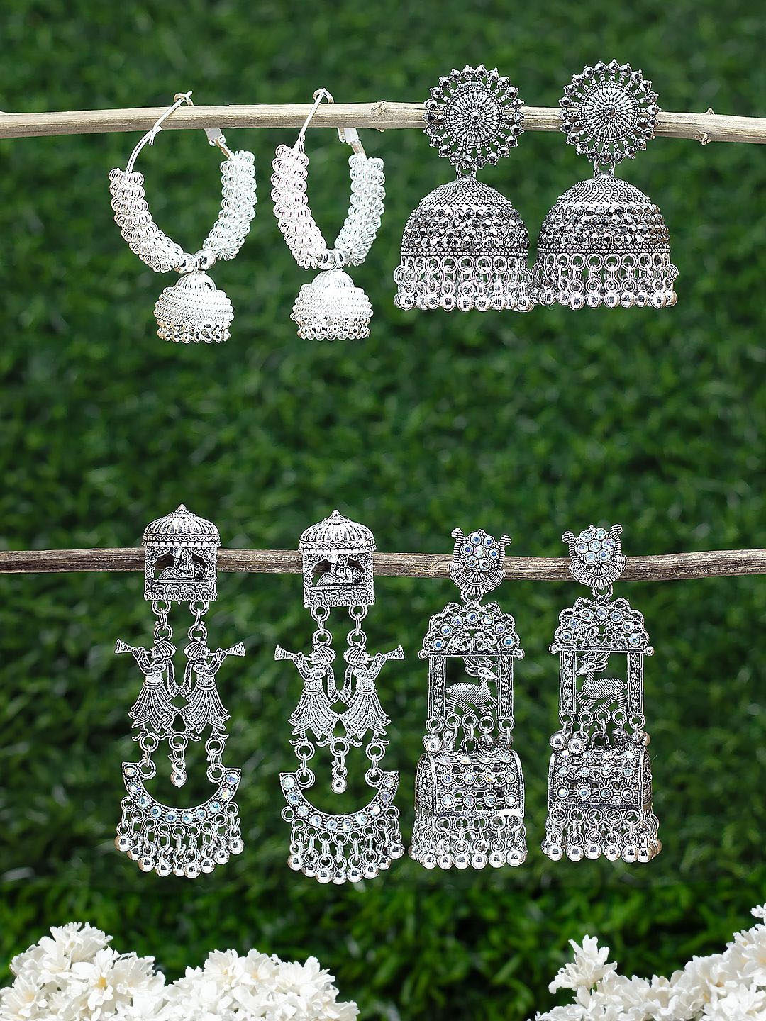 

PRIVIU Set of 4 Silver-Plated Dome Shaped Jhumkas Earrings