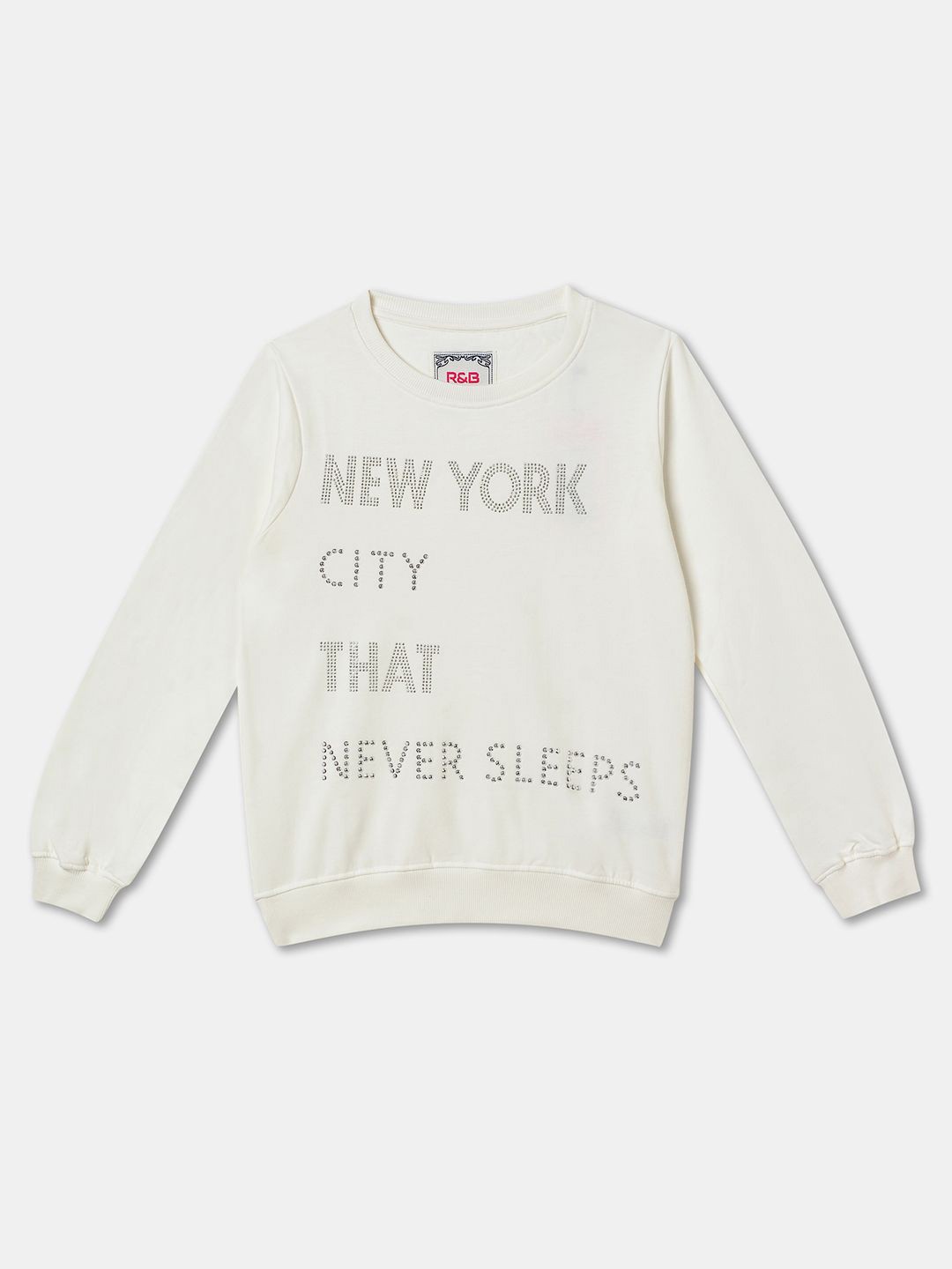 

R&B Girls Typography Printed Round Neck Cotton Pullover Sweatshirt, White