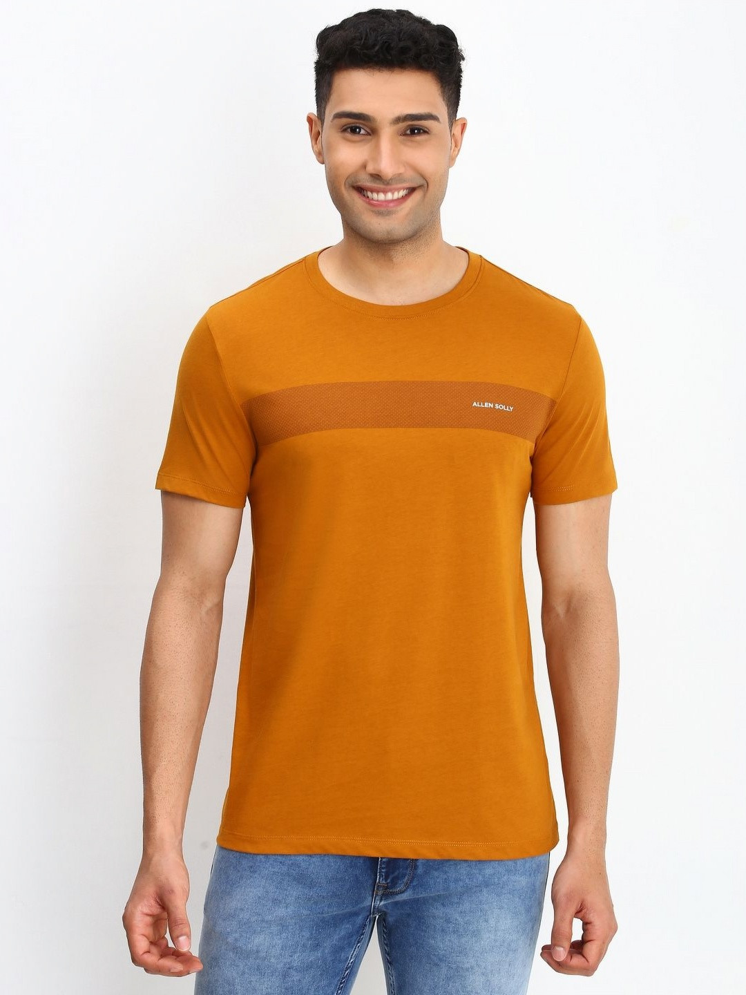 

Allen Solly Men Solid Round Neck Cotton Slim Fit T-shirt, Orange