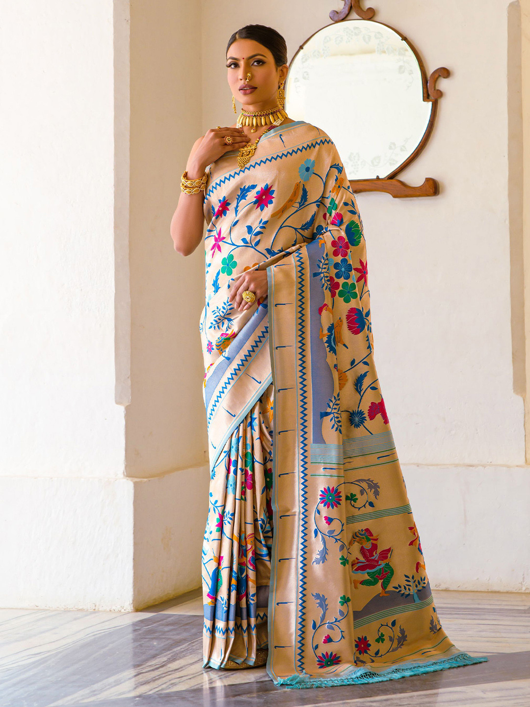 

Kandora Ethnic Motifs Woven Design Zari Pure Silk Banarasi Saree, Blue