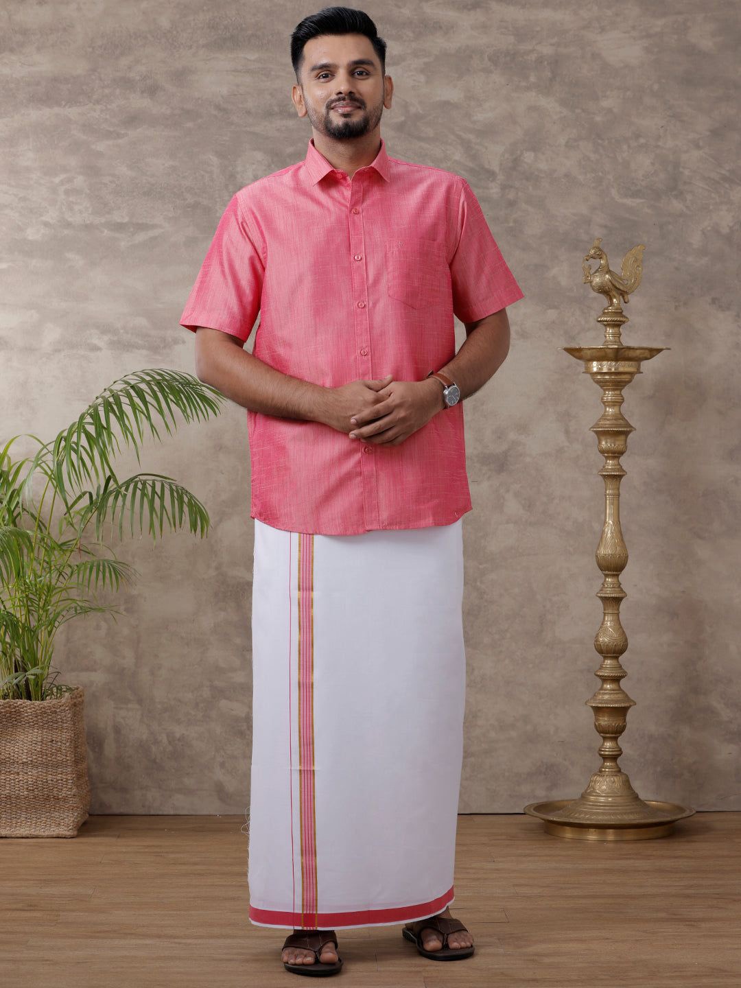 

RAMRAJ Men Solid Traditional Cotton Shirt And Matching Fancy Border Dhoti, Pink