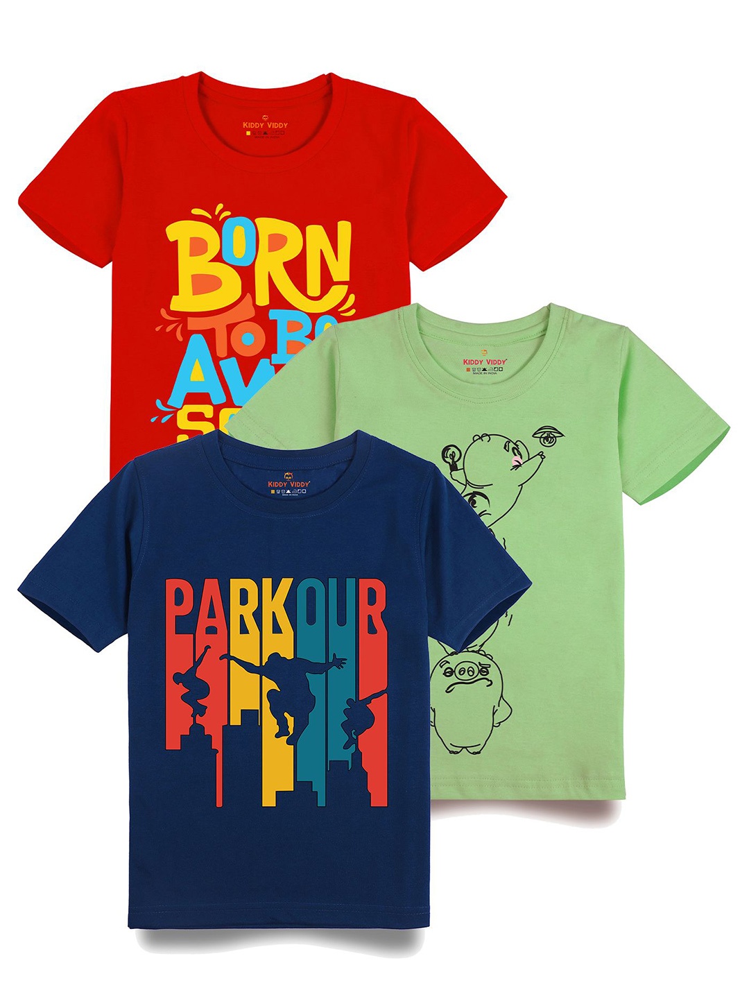 

AUSK Boys Pack Of 3 Graphic Printed Round Neck Cotton T-shirts, Navy blue