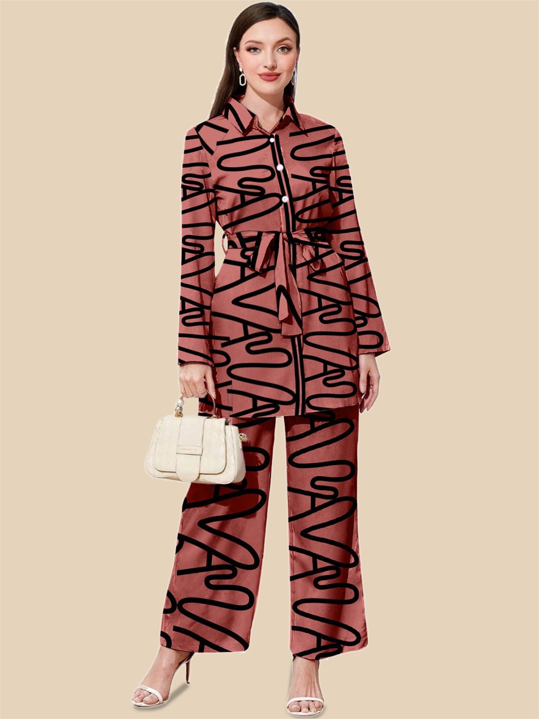 

Xivir Women Printed Top With Trousers Co-Ords, Coffee brown