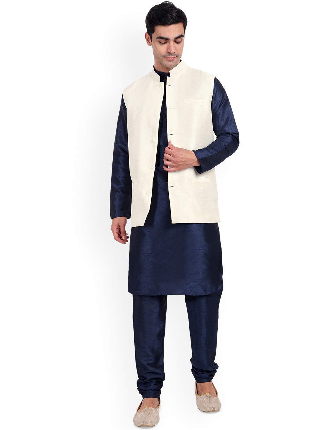 

Enciger Men Regular Dupion Silk Kurta Pajama with Churidar with Nehru Jacket, Off white