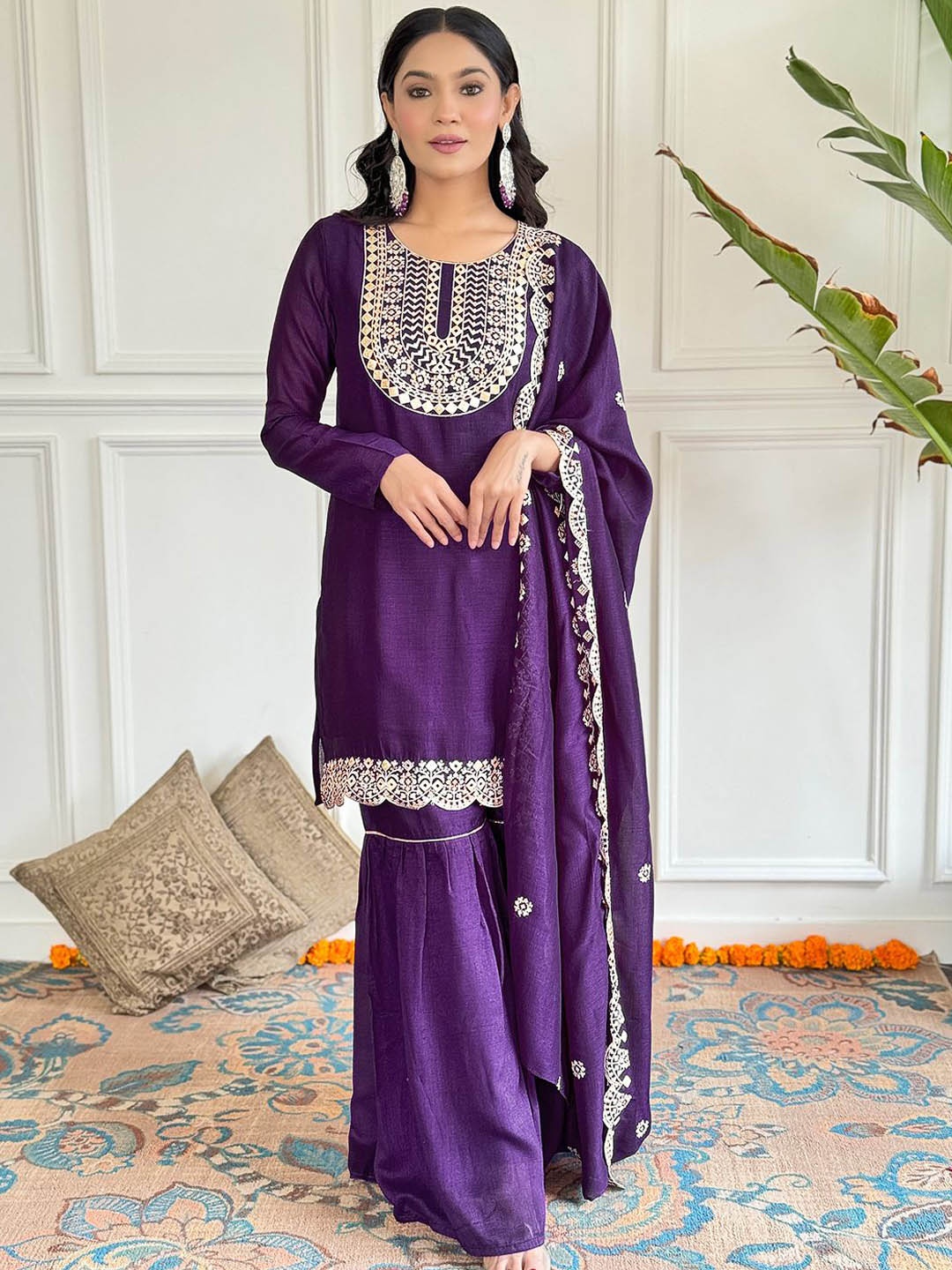 

KALINI Women Ethnic Motifs Embroidered Regular Sequinned Kurti with Sharara Dupatta, Purple