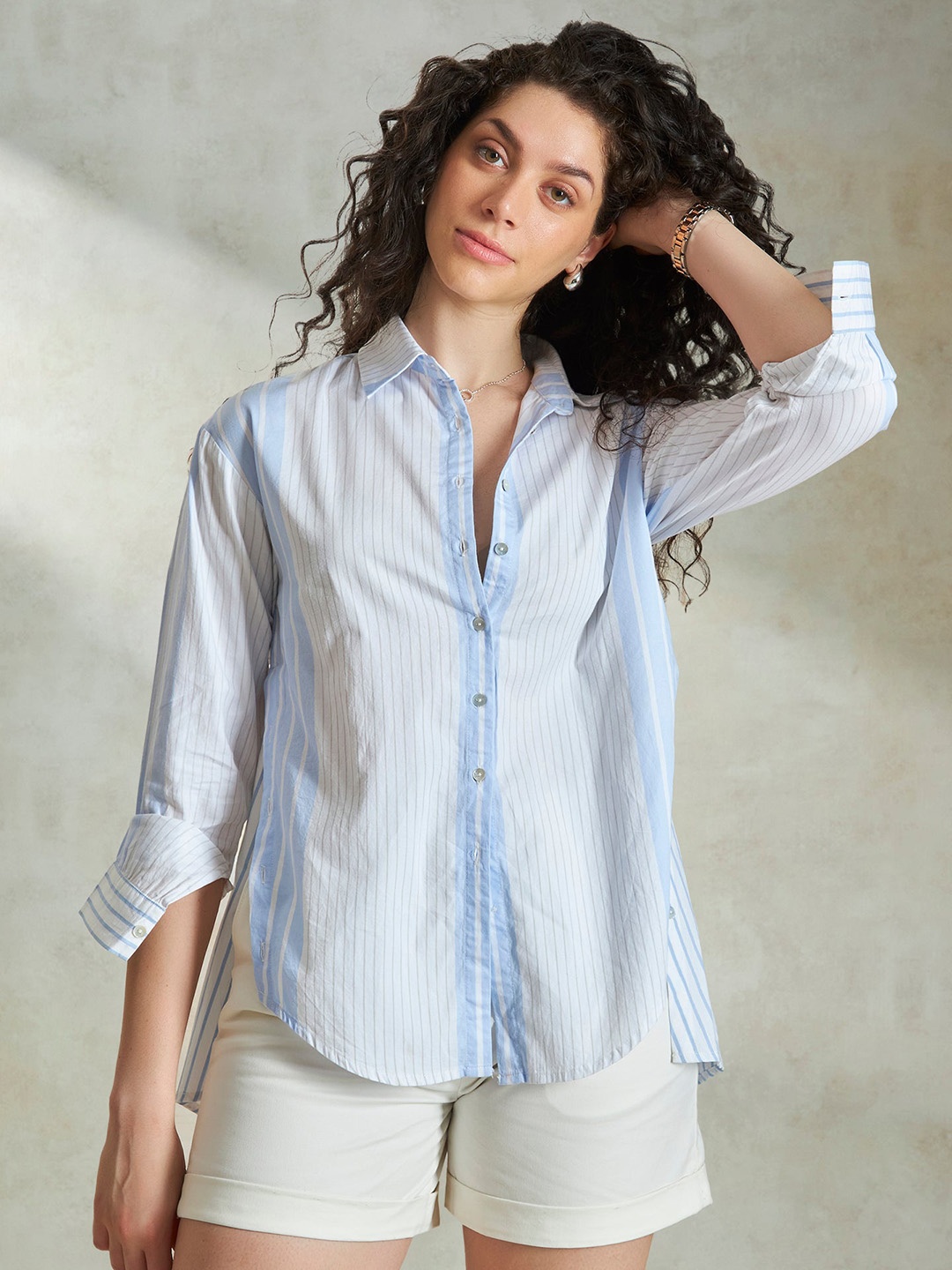 

Virgio Women Striped Shirt Collar Regular Length Cotton Shirt, Blue