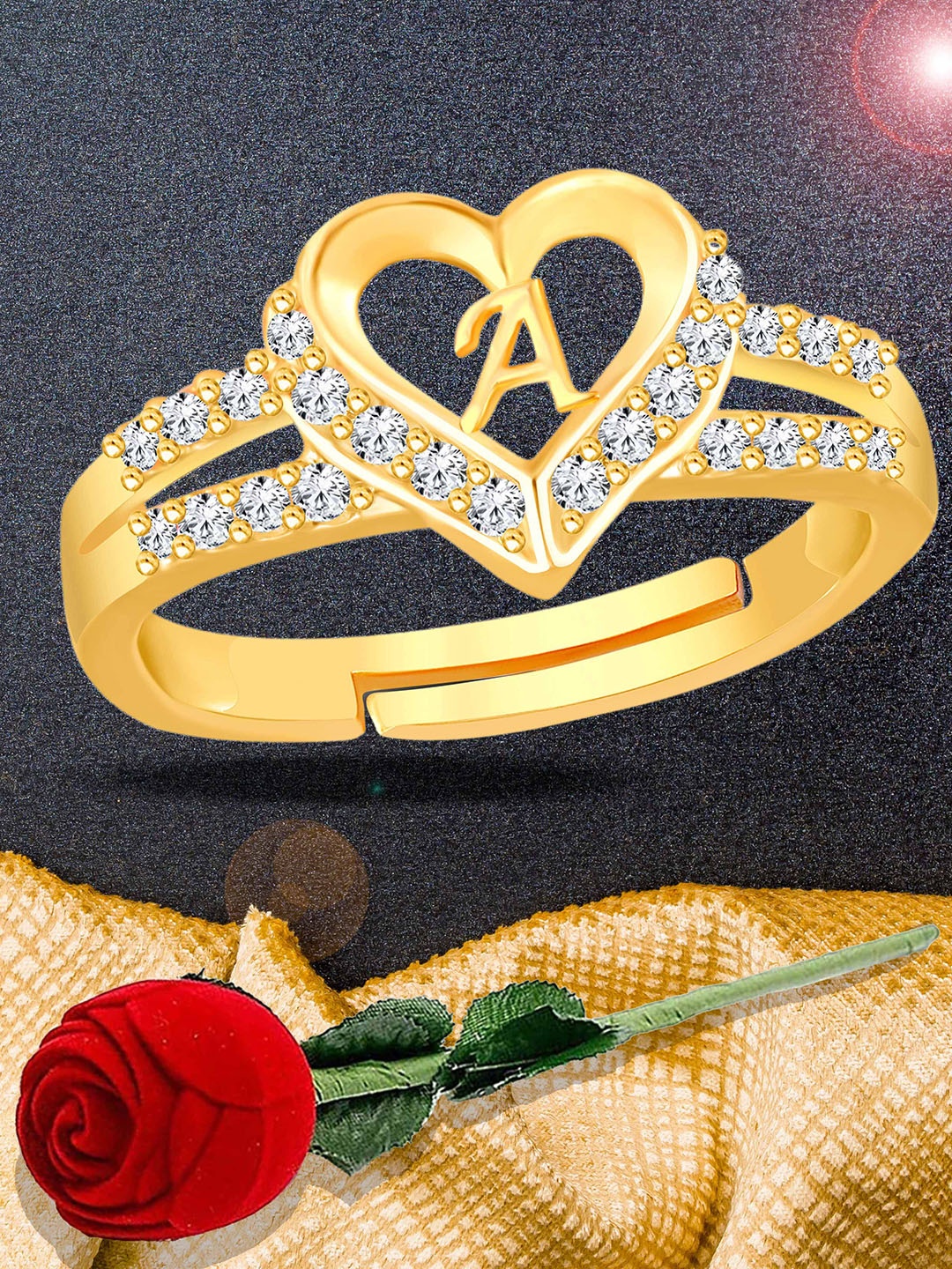 

Lila Gold-Plated Studded With Alphabet A Heart Shaped Finger Ring