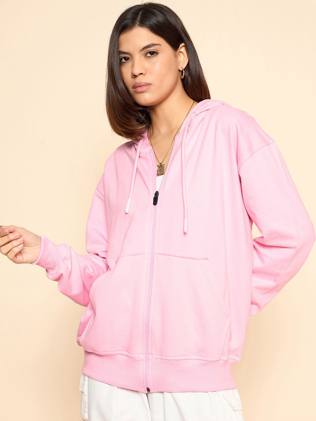 

COLOR CAPITAL Women Solid Hood Cotton Ribbed Sweatshirt, Pink
