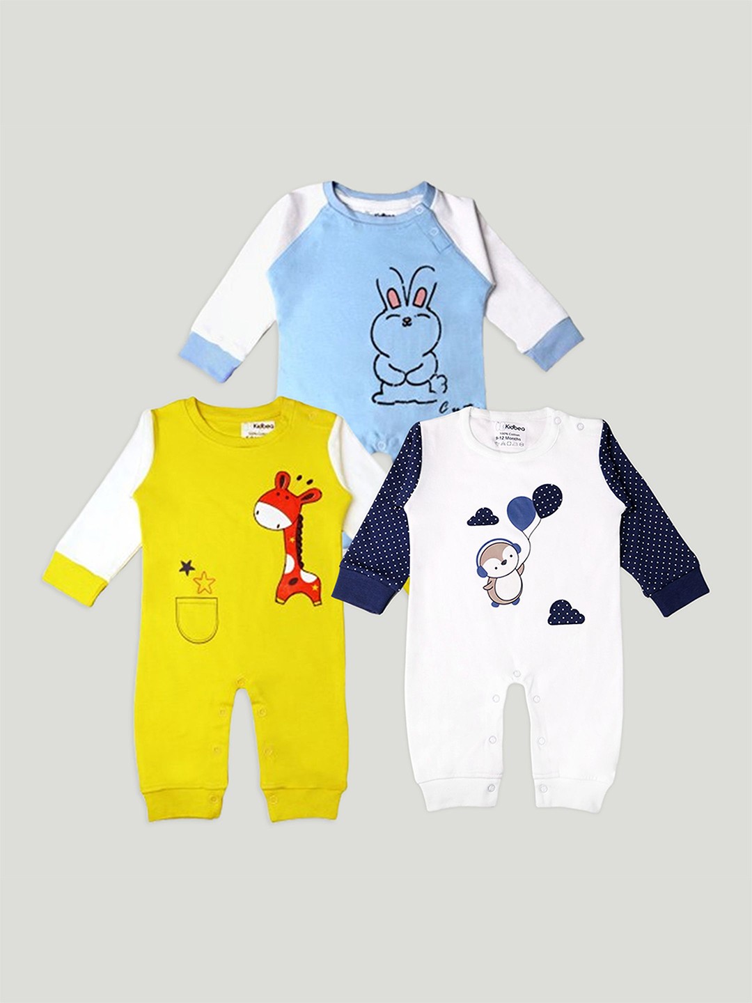 

Kidbea Infants Unisex Pack Of 3 Printed Organic Cotton Rompers, White